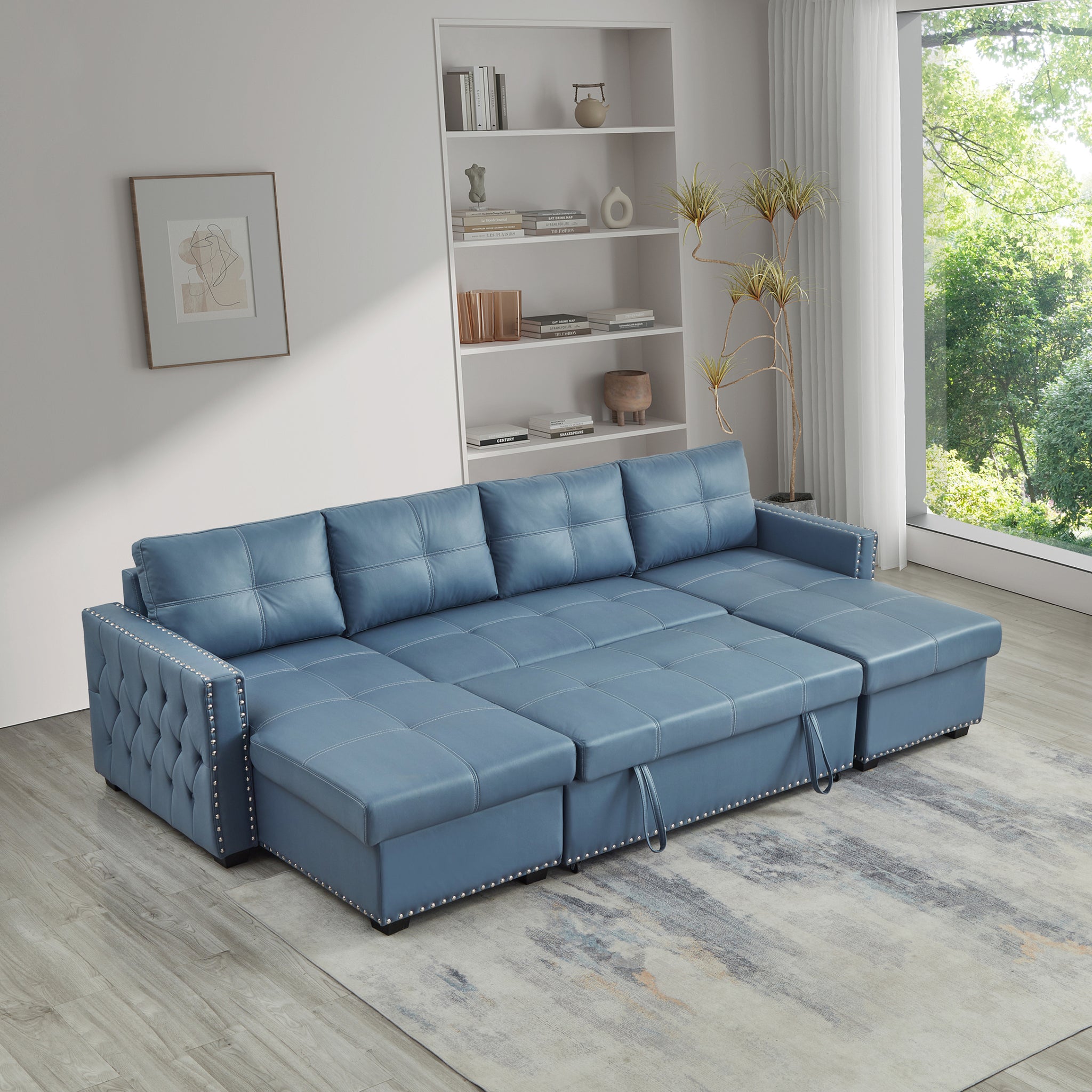 114" Convertible Pull Out Sofa Bed with Storage Chaise blue-microfiber