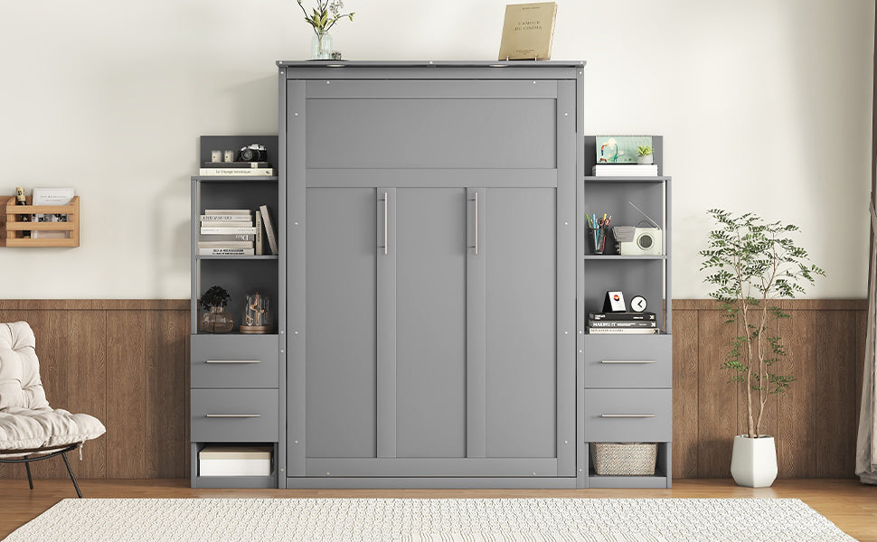 Full Size Murphy Bed Wall Bed With Shelves, Drawers And Led Lights,Gray Gray Mdf Lvl