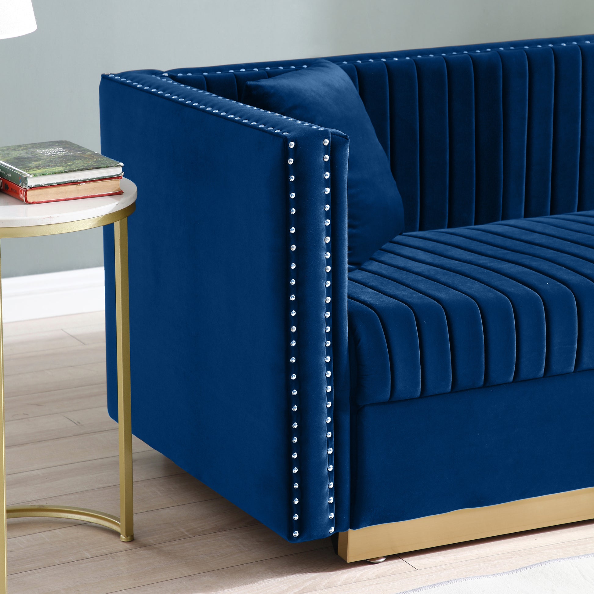 Contemporary Vertical Channel Tufted Velvet Sofa blue-foam-velvet