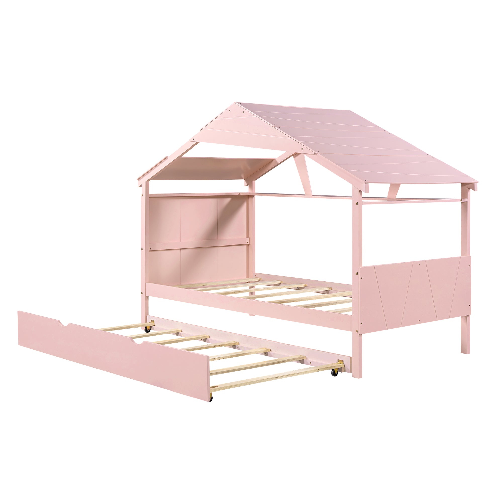 Wood Twin Size House Bed With Trundle And Storage, Pink Box Spring Not Required Twin Pink Wood Bedroom Bed Frame Solid Wood Mdf