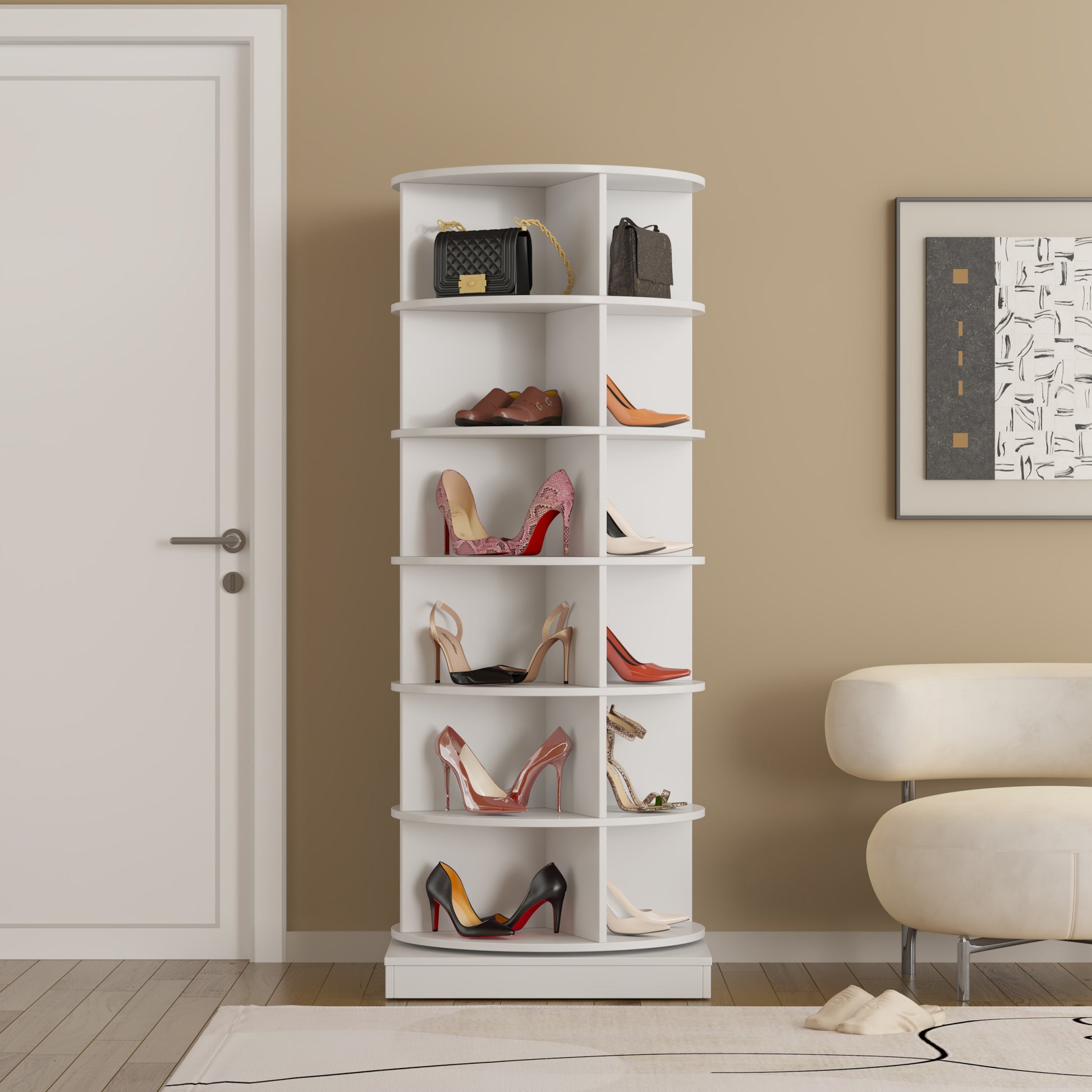 360 Rotating Shoe Cabinet 6 Layers White Melamine