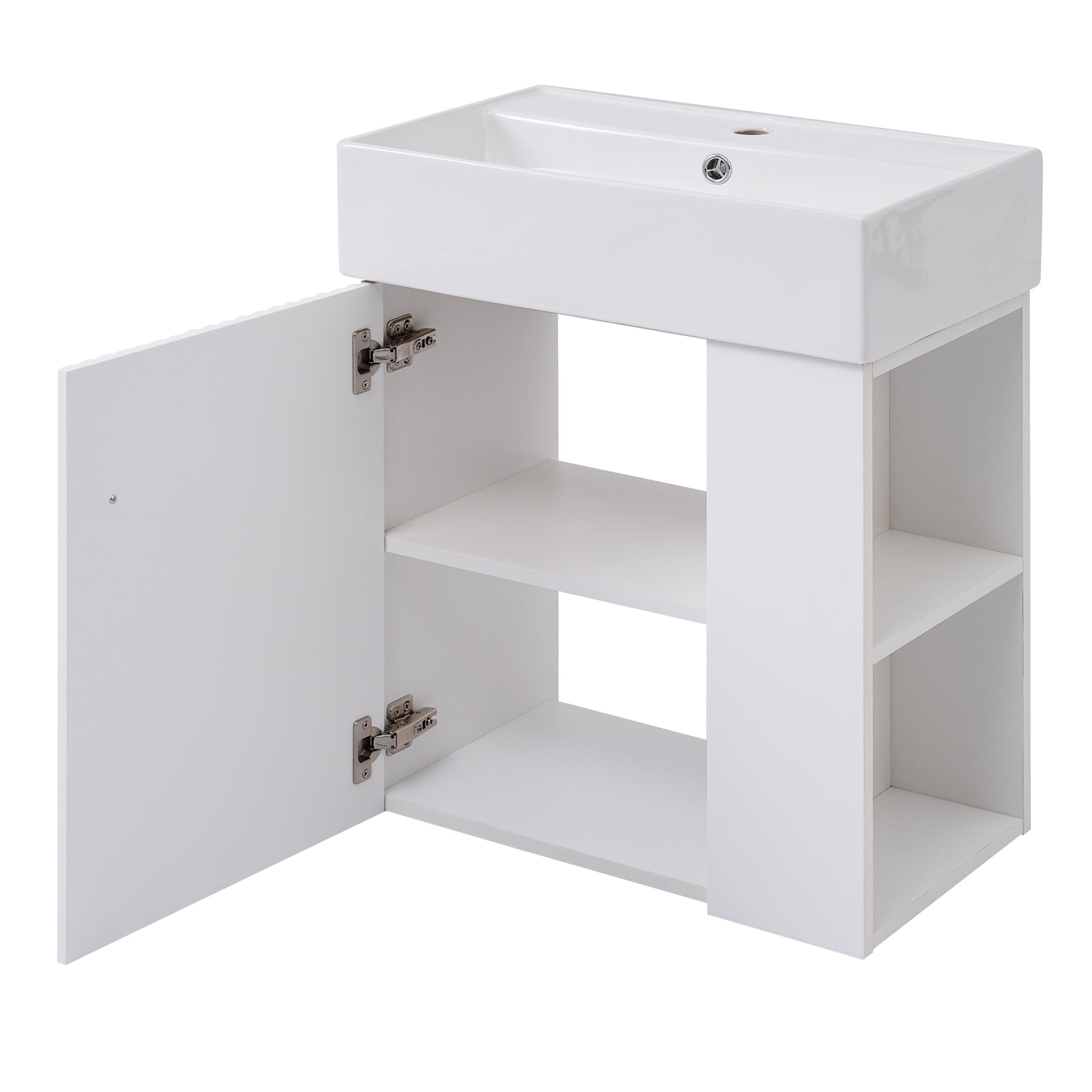 Video 21.6Inch Modern Floating Bathroom Vanity With Ceramic Basin Perfect For Small Bathrooms, Right Side Storage White Ceramic Mdf