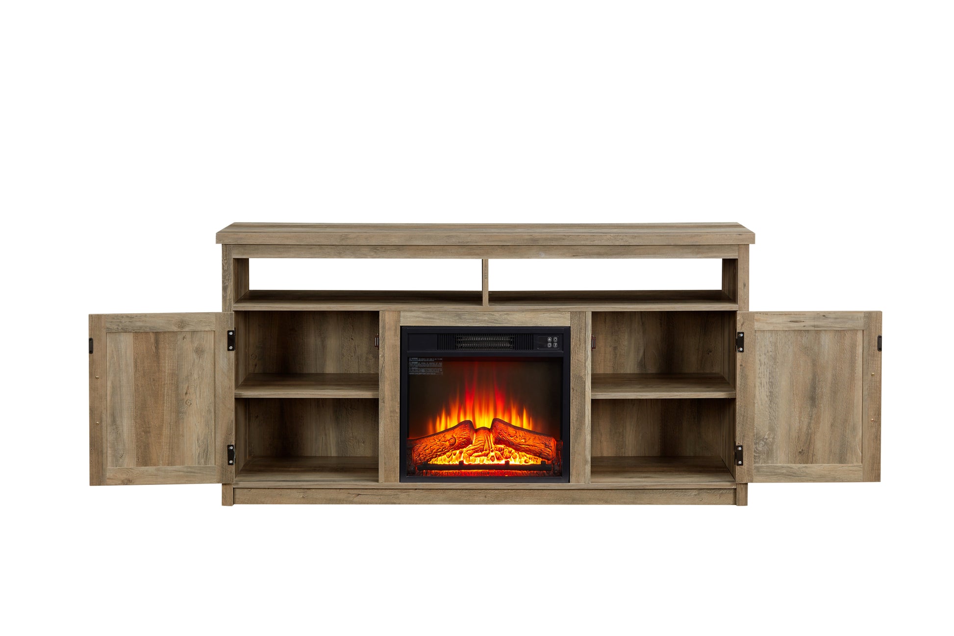 Farmhouse Tv Media Stand, Large Barn Inspired Home Entertainment Console, With 18" Fireplace Insert, For Tv Up To 65'', With Open Shelves And Closed Cabinets, Gray Wash 57.87*15.75*30.31 Gray Wash 50 59 Inches Mdf