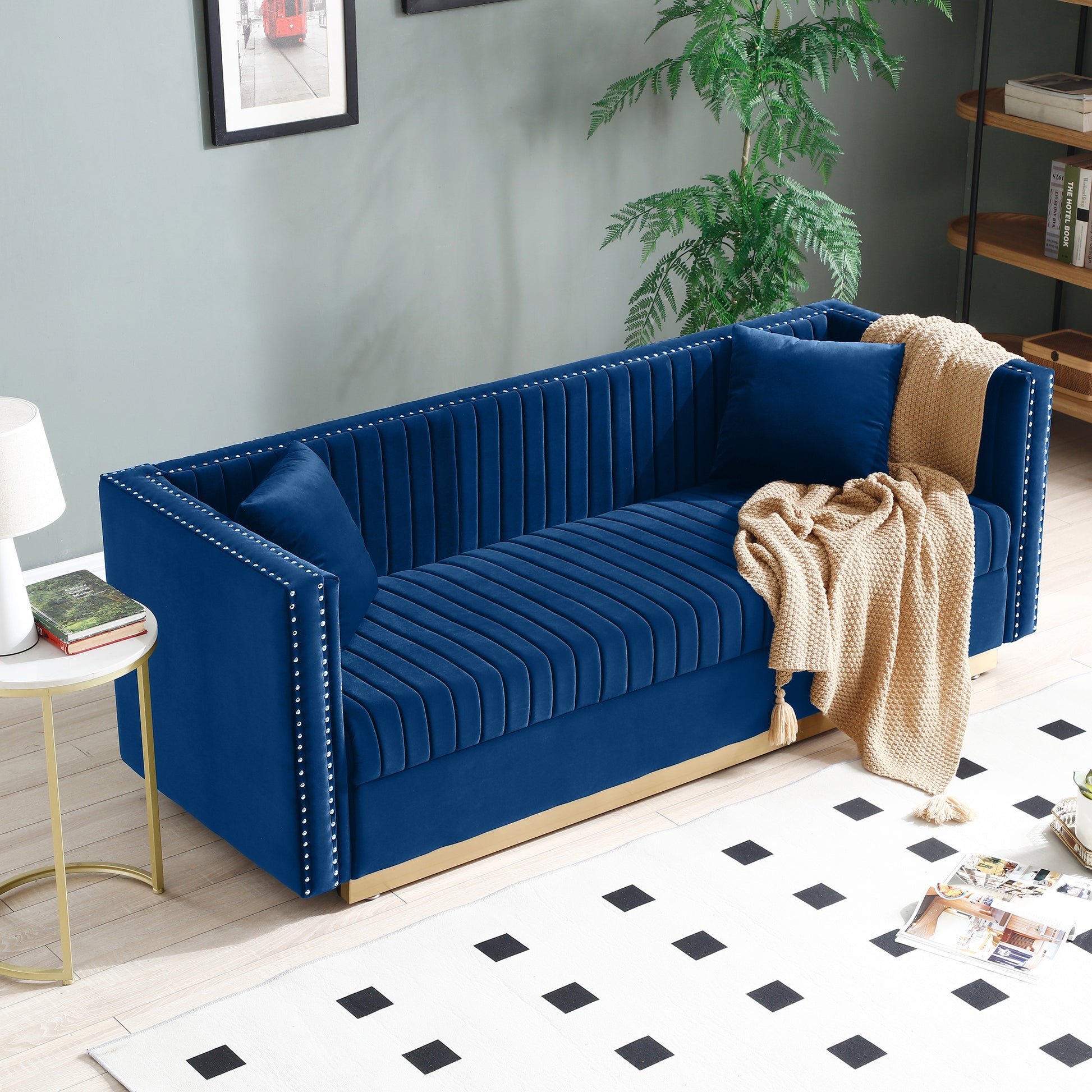 Contemporary Vertical Channel Tufted Velvet Sofa Loveseat Set Modern Upholstered 2Pcs Set Couch For Living Room Apartment With 4Pillows,Blue Blue Velvet