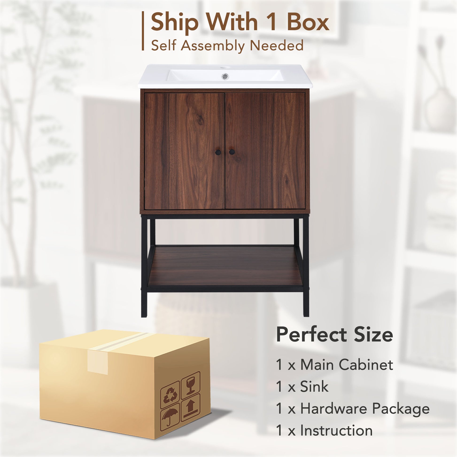 Viedo 24" Inch Walnut Finish Bathroom Vanity Cabinet With 2 Soft Close Doors, Open Storage Walnut Mdf Metal