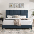 King Size Navy Blue Denim Squares Upholstered Platform Bed Box Spring Required King Blue Wood Bedroom Contemporary,Modern,Transitional Panel Polyester Fabric
