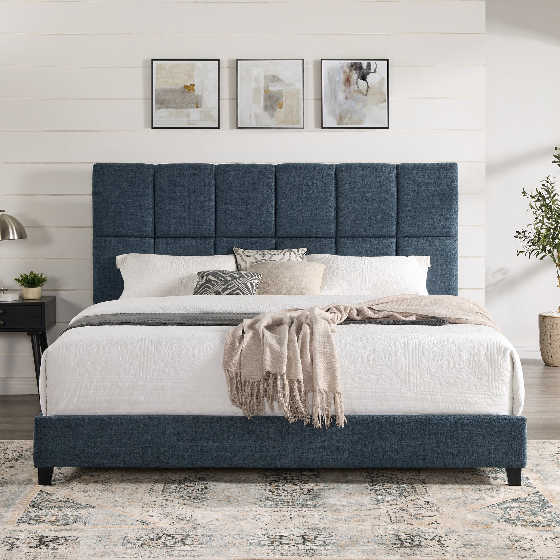 King Size Navy Blue Denim Squares Upholstered Platform Bed Box Spring Required King Blue Wood Bedroom Contemporary,Modern,Transitional Panel Polyester Fabric
