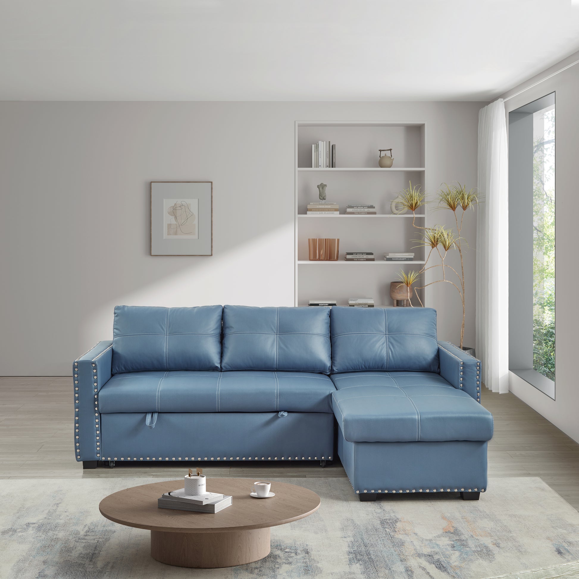 88" Convertible Pull Out Sofa Bed With Storage Chaise Sofa Bed Microfiber Fabric Upholstery Blue Blue Microfiber