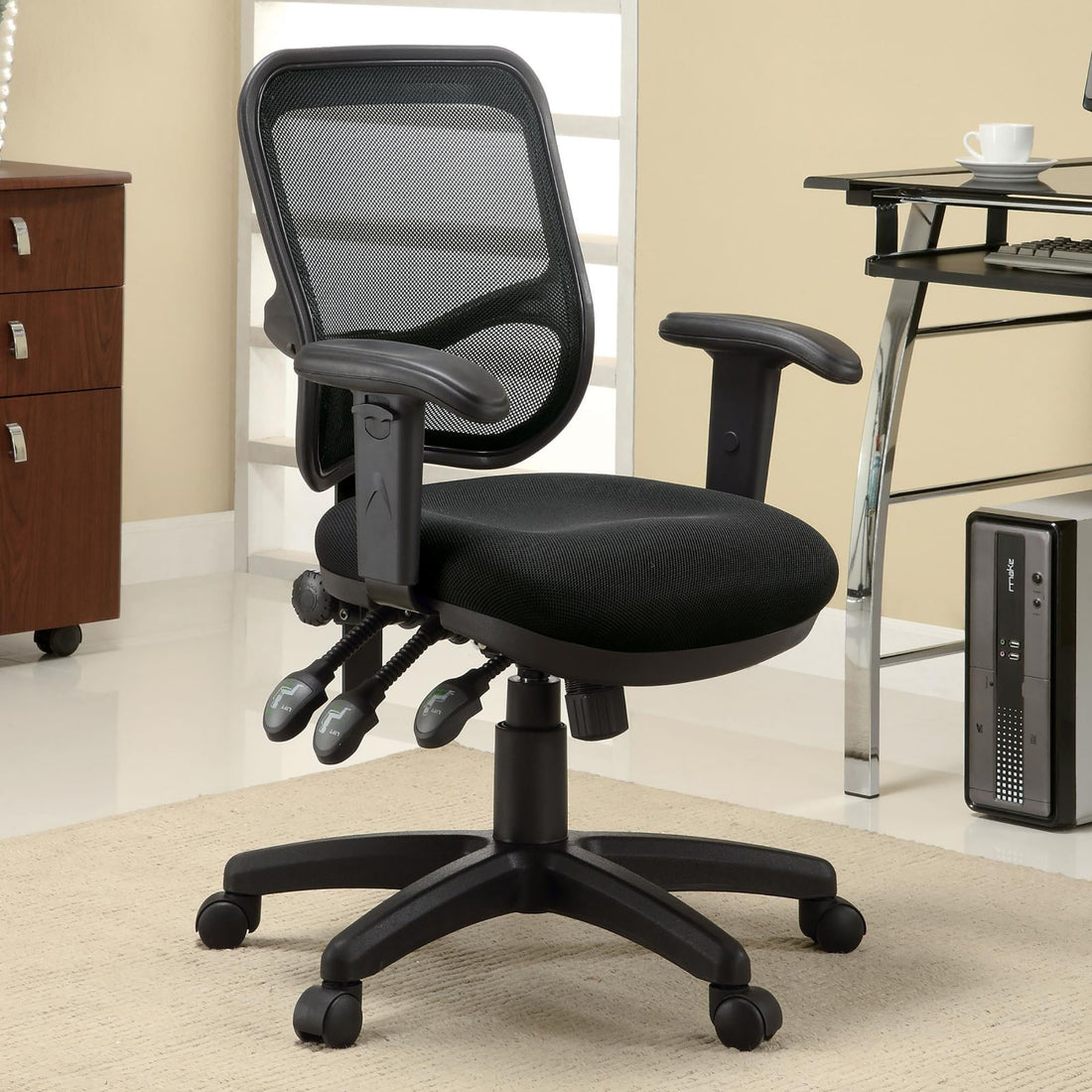 Black Swivel Office Chair With Armrest Black Office Contemporary,Modern Office Chairs Solid Back Foam Adjustable Height Upholstered