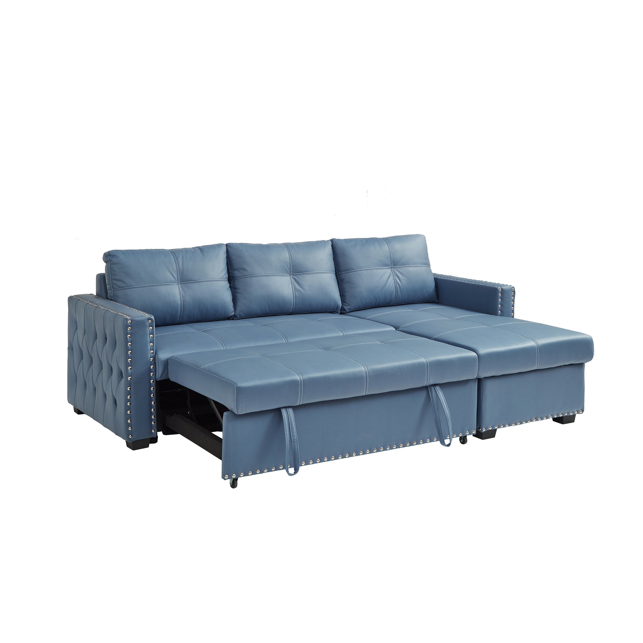 88" Convertible Pull Out Sofa Bed with Storage Chaise blue-microfiber