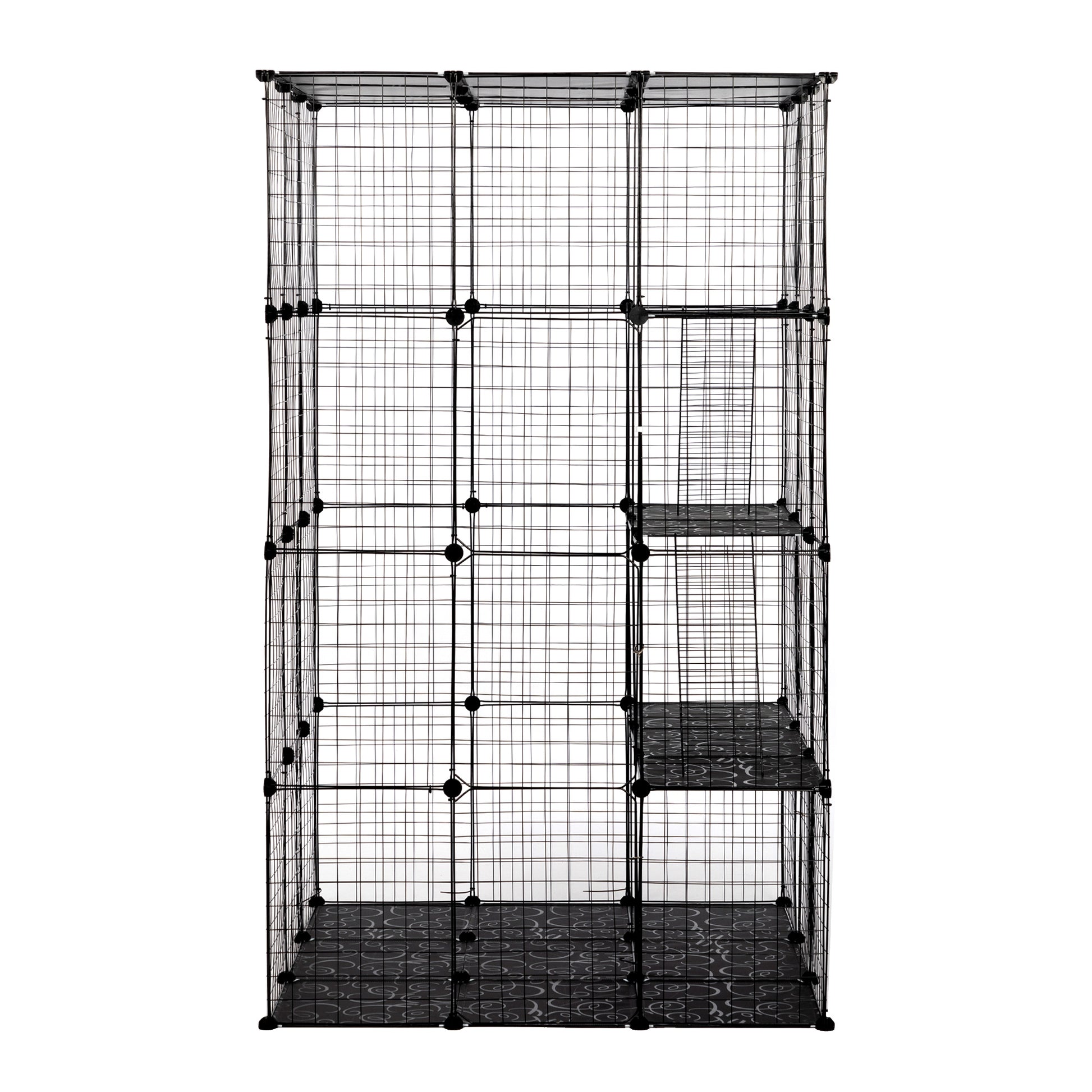 3 Tier Wire Cat Cage, Large Kennels Playpen With 3 Platforms, 3 Ramp Ladders And 4 Doors, Black Black Metal