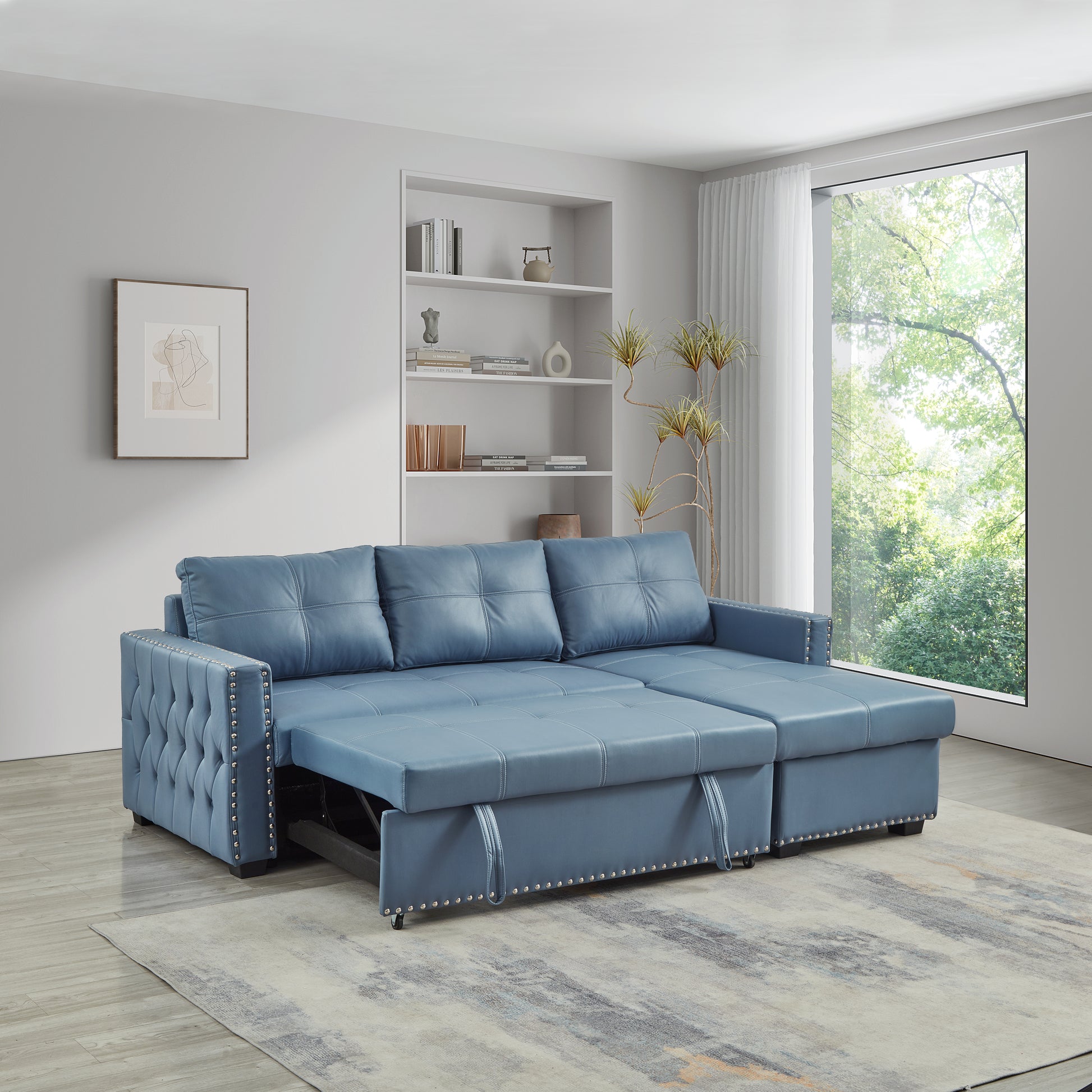 88" Convertible Pull Out Sofa Bed With Storage Chaise Sofa Bed Microfiber Fabric Upholstery Blue Blue Microfiber