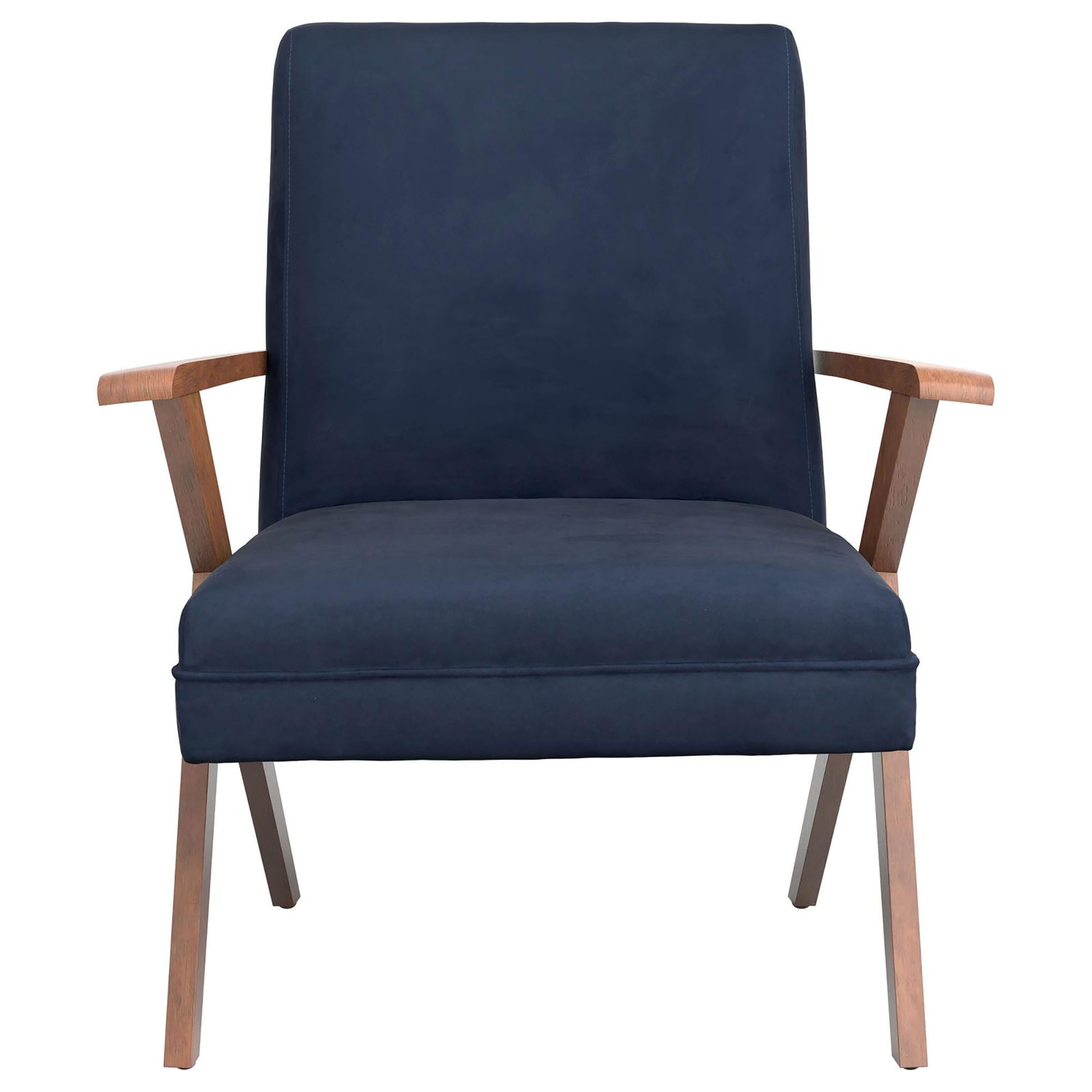 Dark Blue And Walnut Wooden Arms Accent Chair Blue Primary Living Space Mid Century Modern Rubberwood Foam Upholstered
