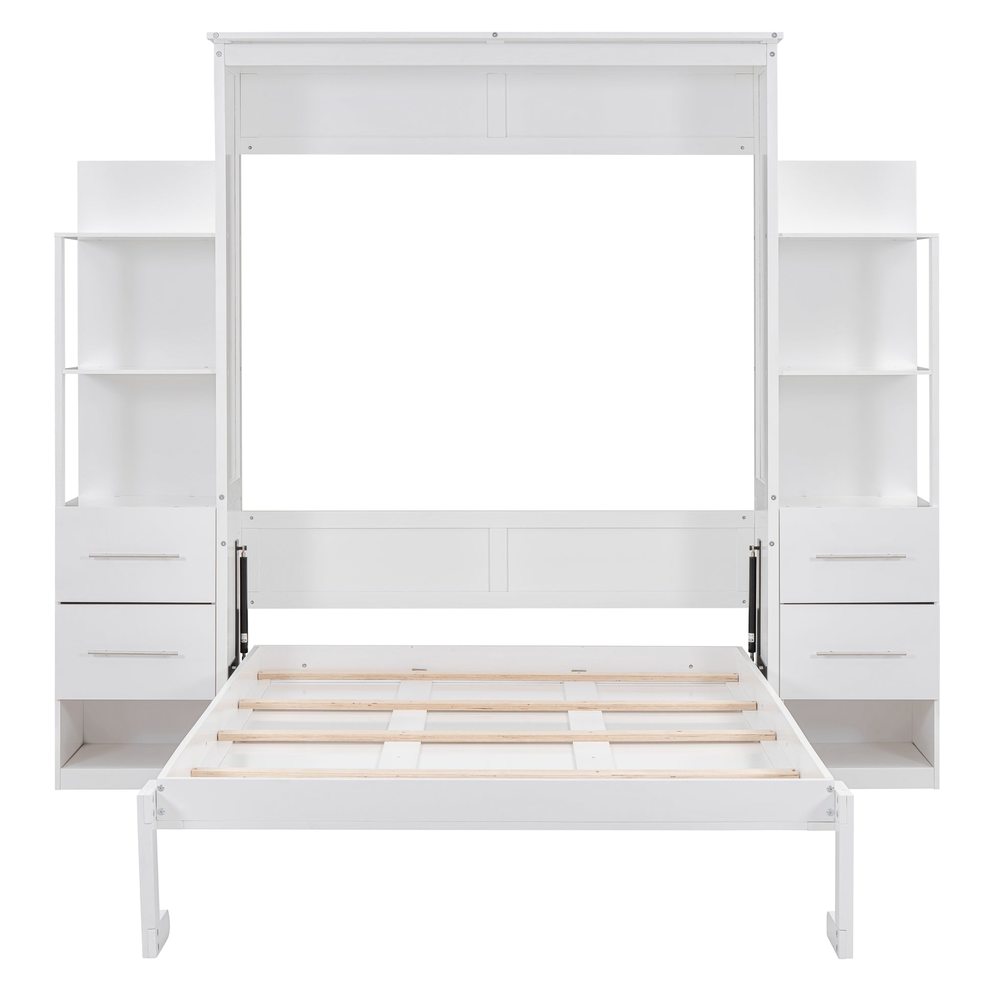 Full Size Murphy Bed Wall Bed With Shelves, Drawers And Led Lights,White White Mdf Lvl