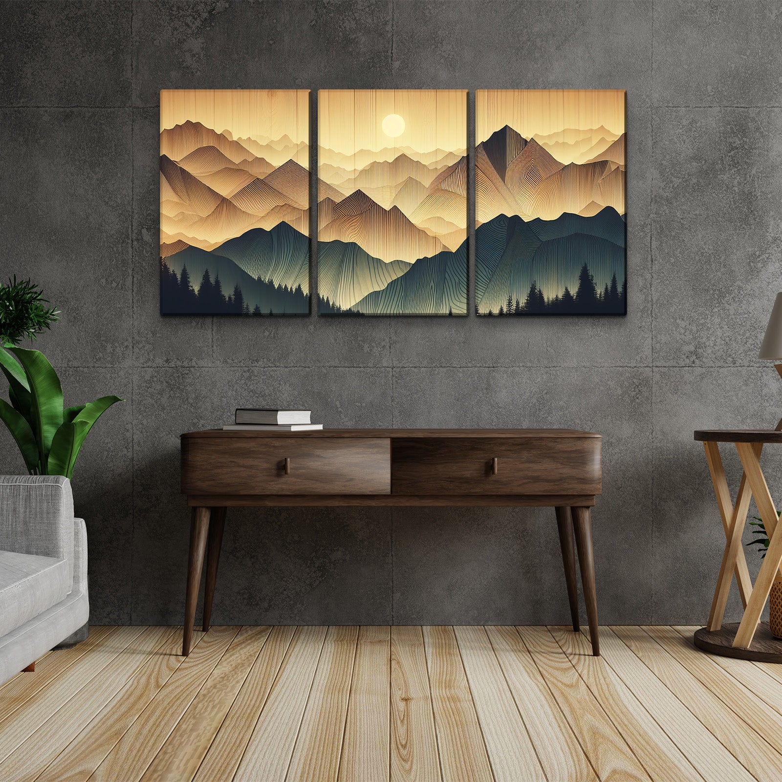 3 Panels Framed Abstract Wood Grain Boho Style Mountain & Forest Canvas Wall Art Decor,3 Pieces Mordern Canvas Decoration Painting For Office,Dining Room,Living Room, Bedroom Decor Ready To Hang