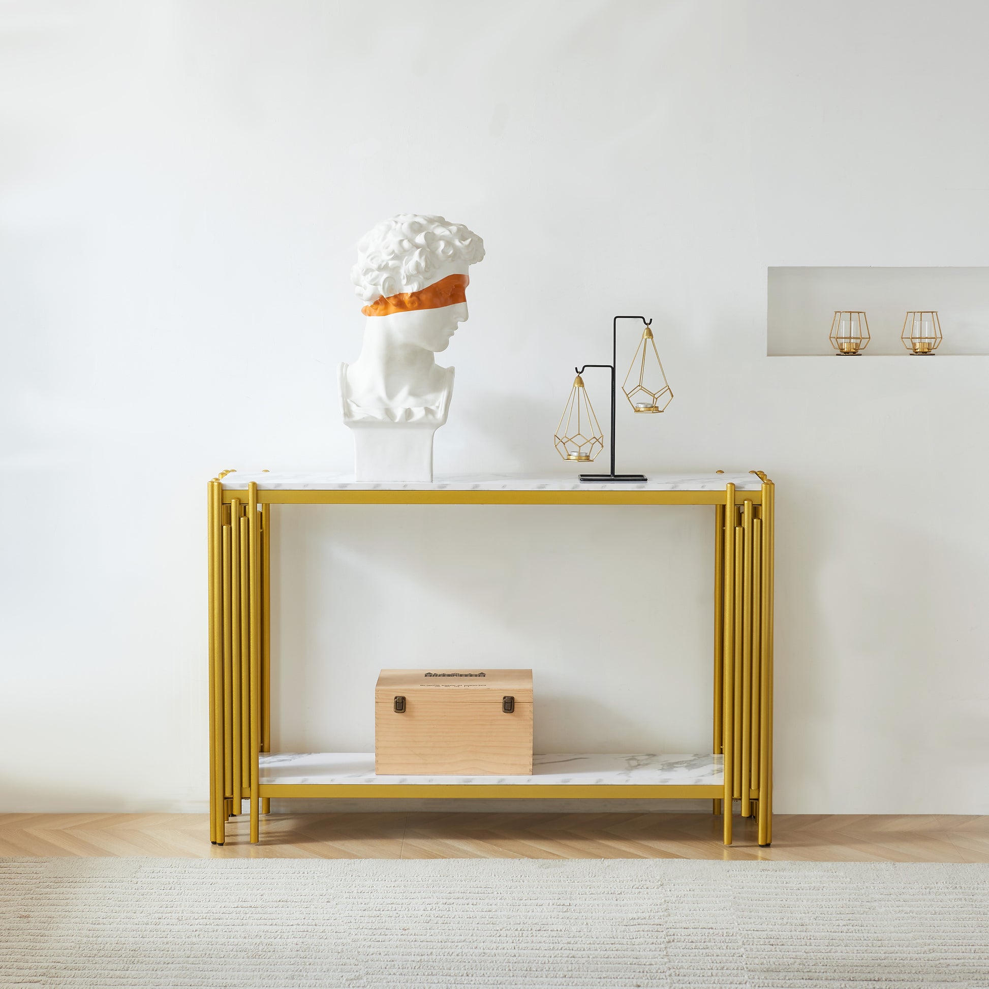 2 Tier Faux Marbling Console Table, Living Room Sofa Table, Modern Narrow Entryway Table, Hallway Entrance Table, Adjustable Feet, For Entrance, Hallway,Gold Gold Primary Living Space Rectangular Open Storage Coffee & End Tables Mdf Metal