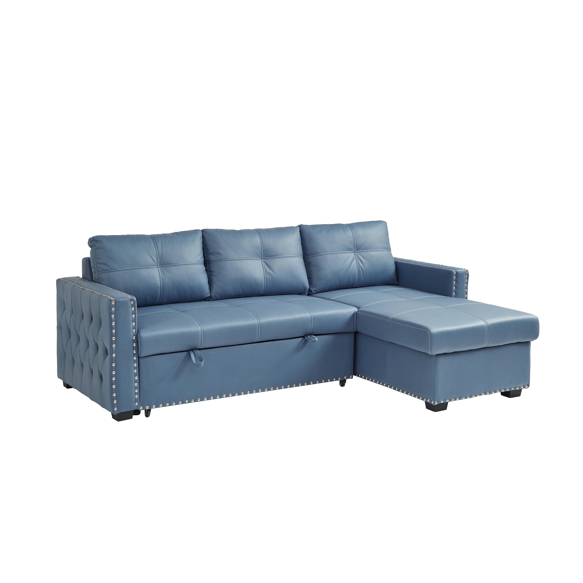 88" Convertible Pull Out Sofa Bed With Storage Chaise Sofa Bed Microfiber Fabric Upholstery Blue Blue Microfiber