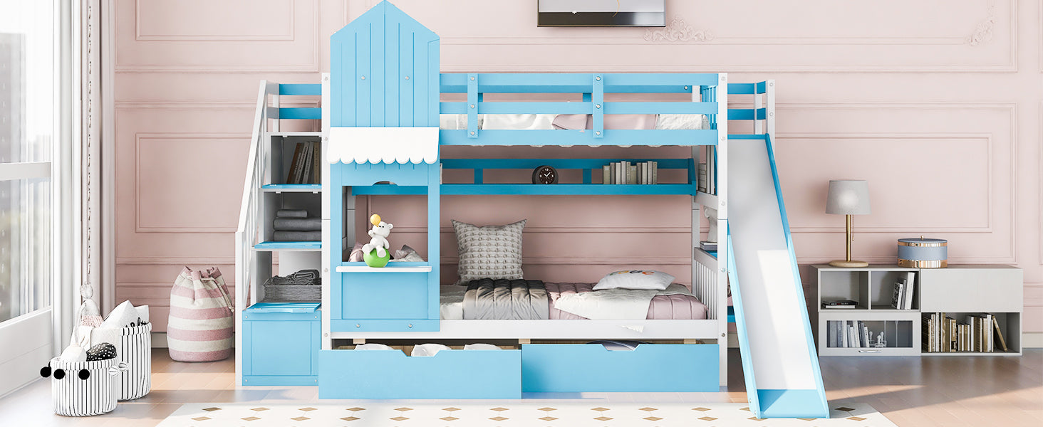Twin Over Twin Castle Style Bunk Bed With 2 Drawers 3 Shelves And Slide Blue Blue Solid Wood