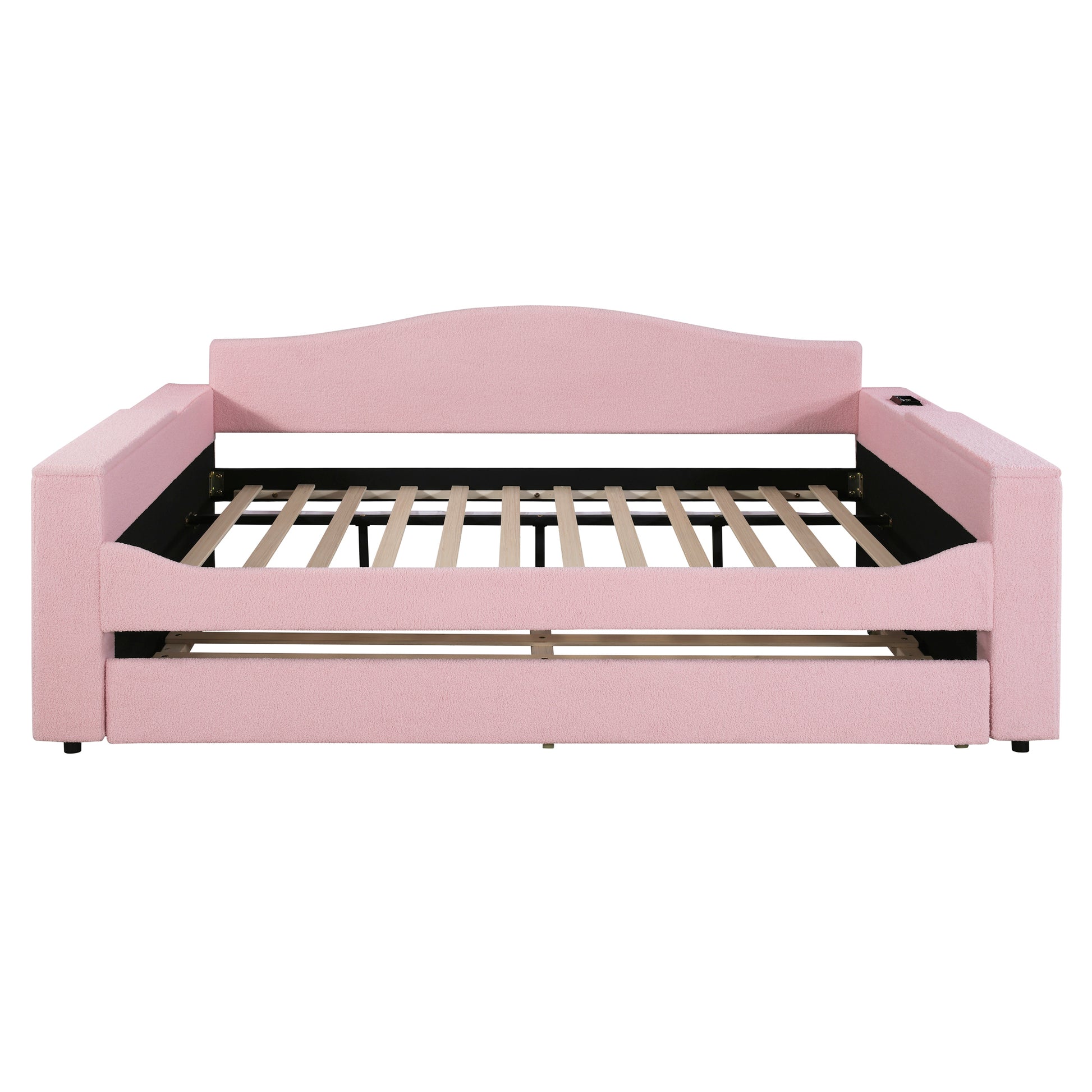 Full Size Upholstered Daybed With Storage Armrests, Trundle And Latest Integrated Bluetooth Audio System, Teddy Fleece, Pink Pink Fleece