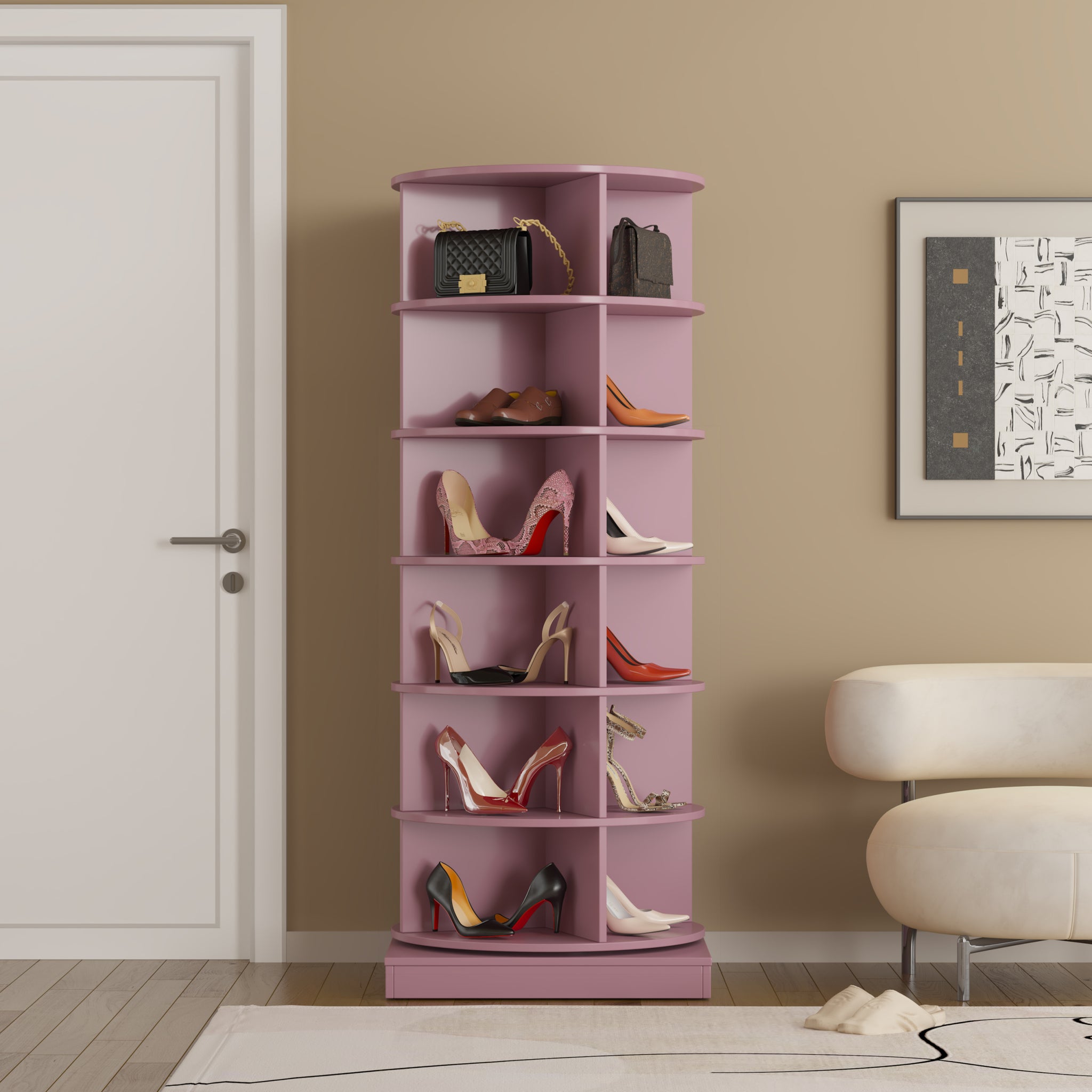 Pink 360 Rotating Shoe Cabinet 6 Layers Pink Plywood