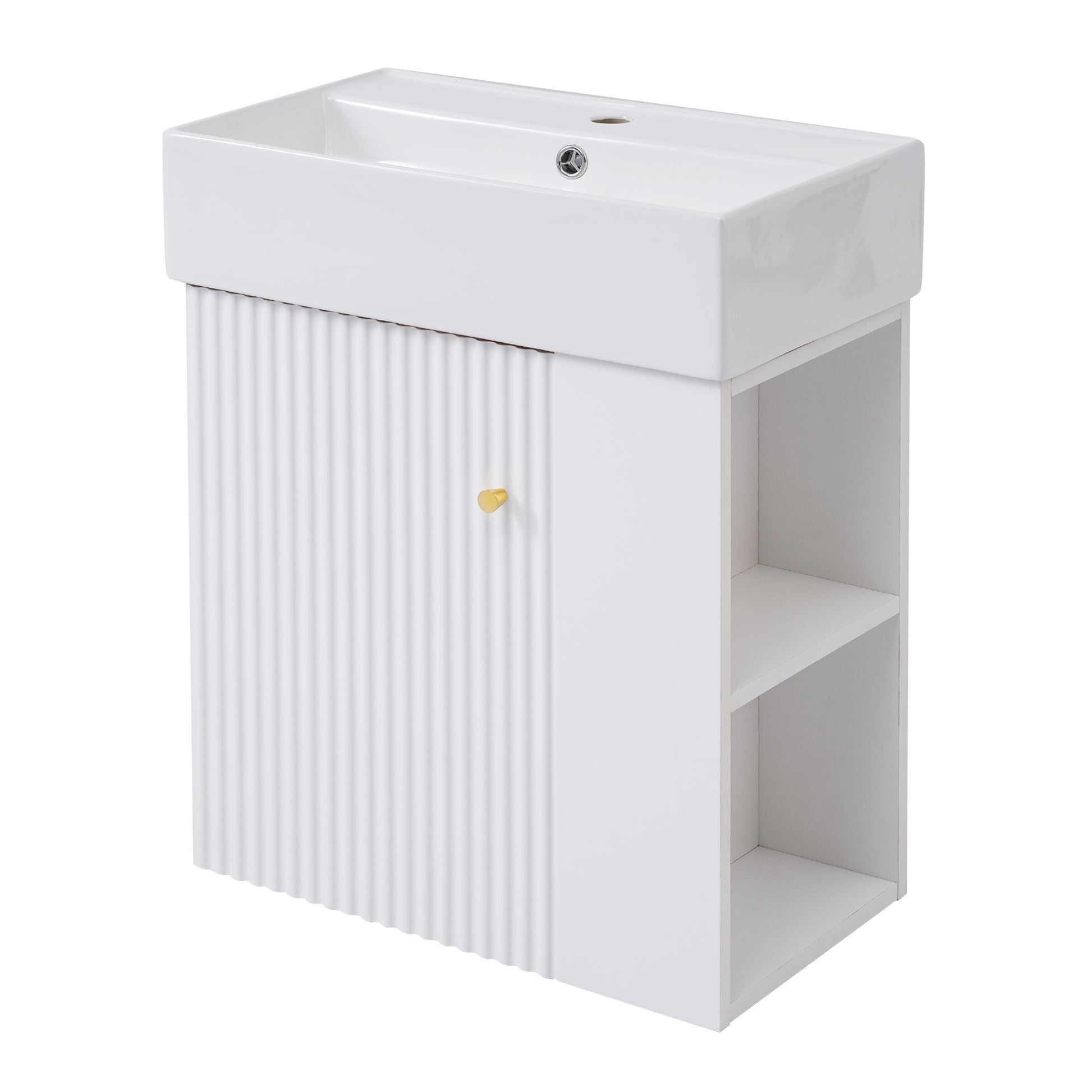 Video 21.6Inch Modern Floating Bathroom Vanity With Ceramic Basin Perfect For Small Bathrooms, Right Side Storage White Ceramic Mdf