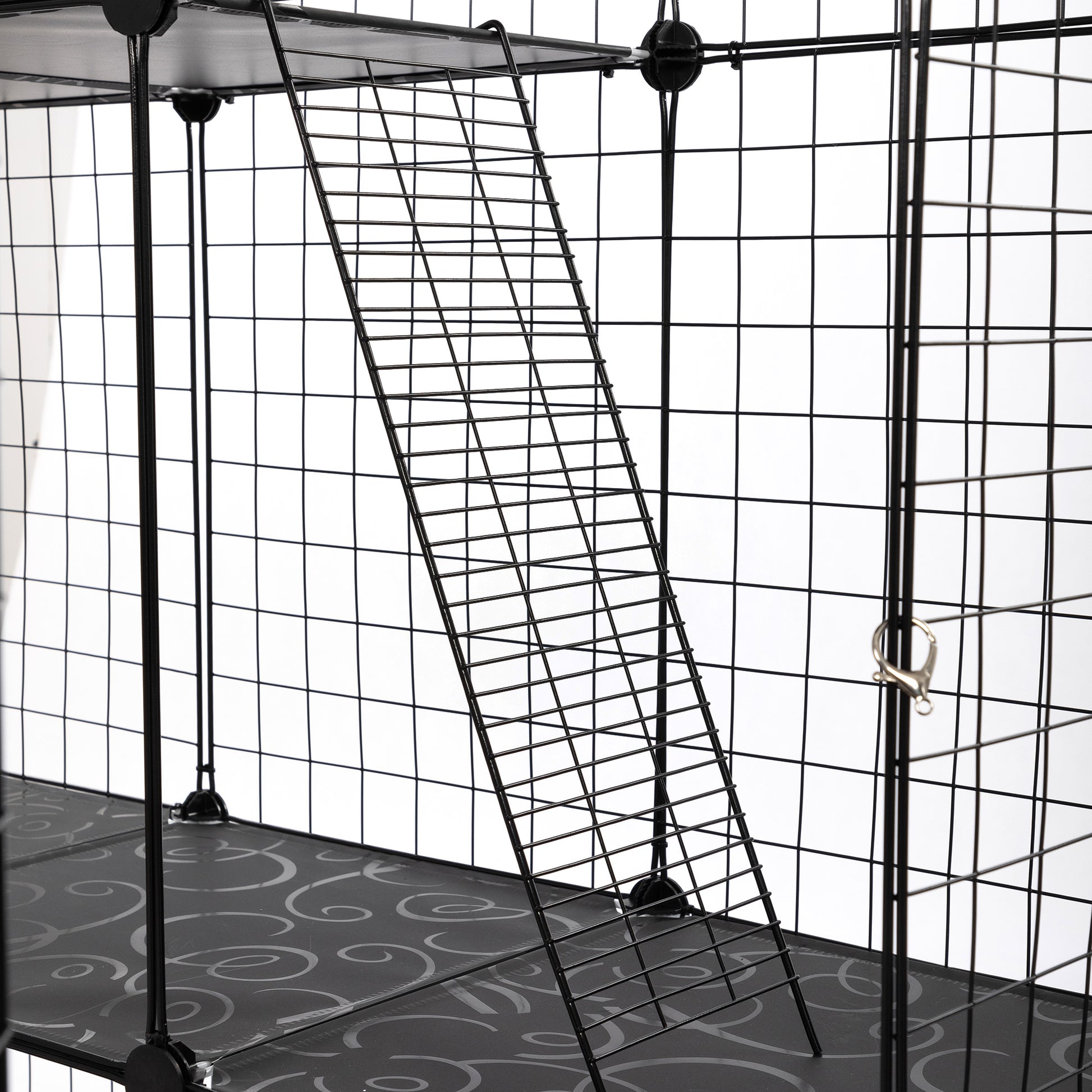 3 Tier Wire Cat Cage, Large Kennels Playpen With 3 Platforms, 3 Ramp Ladders And 4 Doors, Black Black Metal