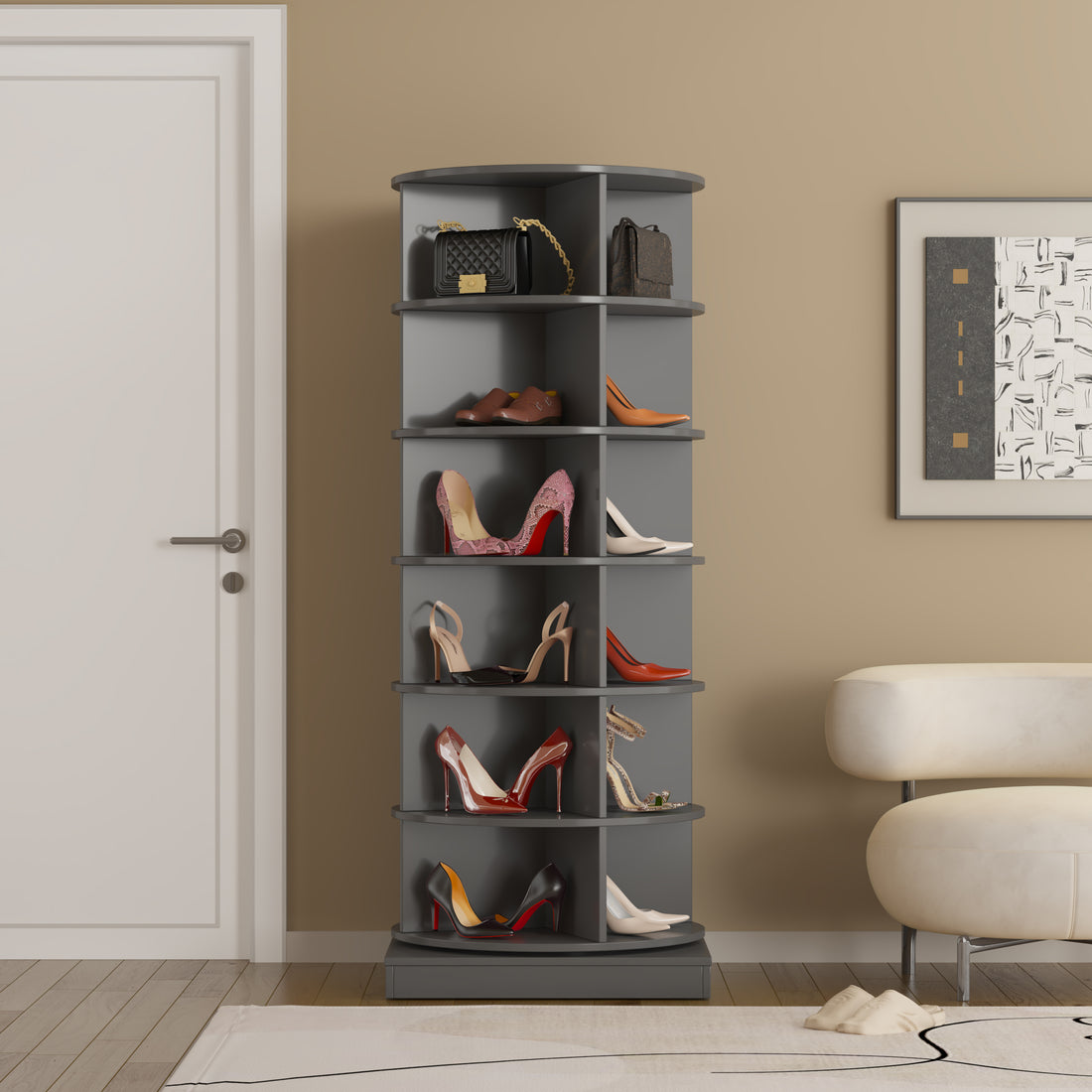 Grey 360 Rotating Shoe Cabinet 6 Layers Grey American Design,American Traditional,Antique Mdf