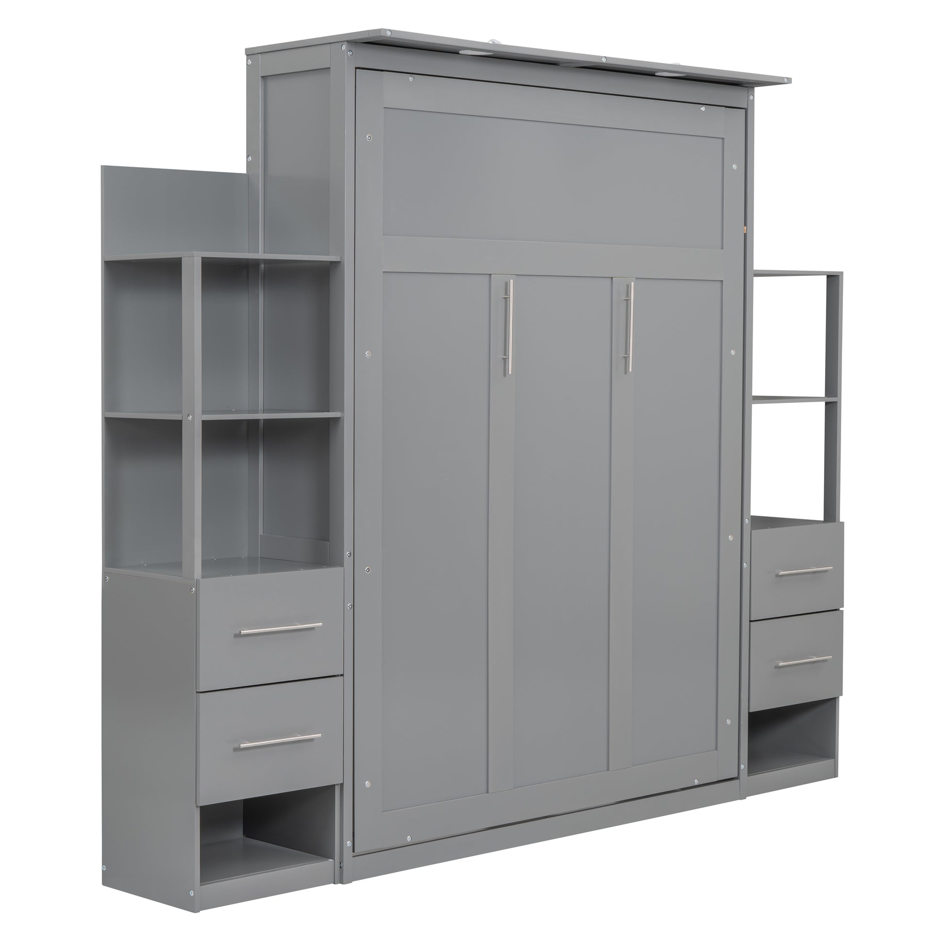 Full Size Murphy Bed Wall Bed With Shelves, Drawers And Led Lights,Gray Gray Mdf Lvl