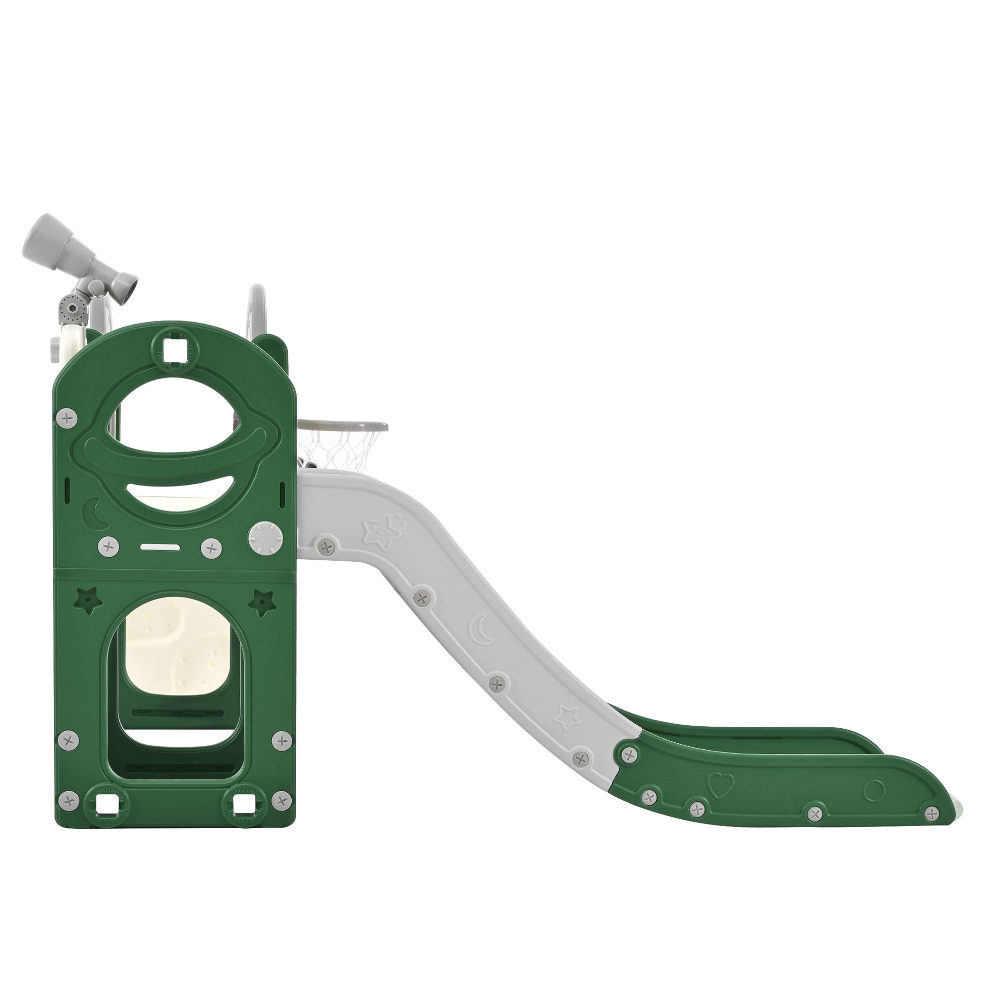 Kids Slide Playset Structure 7 In 1, Freestanding Space Set With Slide, Arch Tunnel, Ring Toss And Basketball Hoop, Toy Storage Organizer For Toddlers, Kids Climbers Playground Green Hdpe