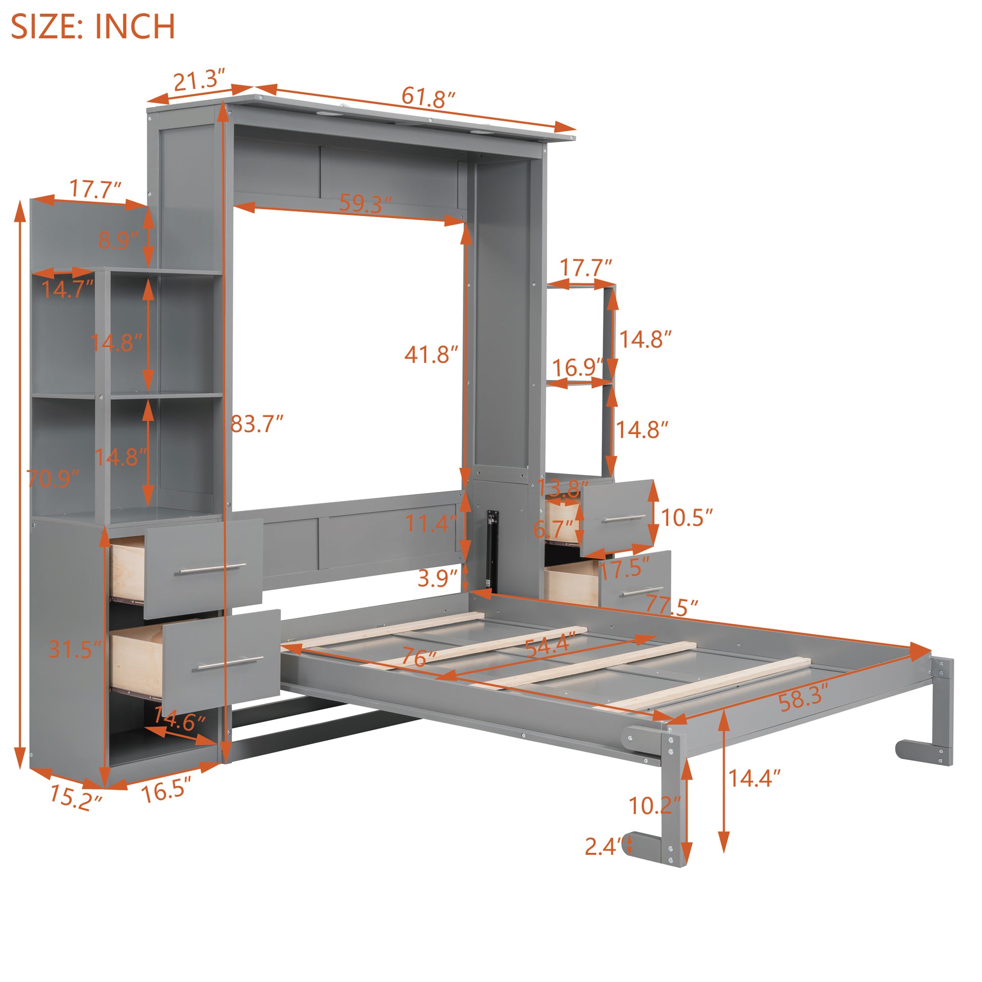 Full Size Murphy Bed Wall Bed With Shelves, Drawers And Led Lights,Gray Gray Mdf Lvl