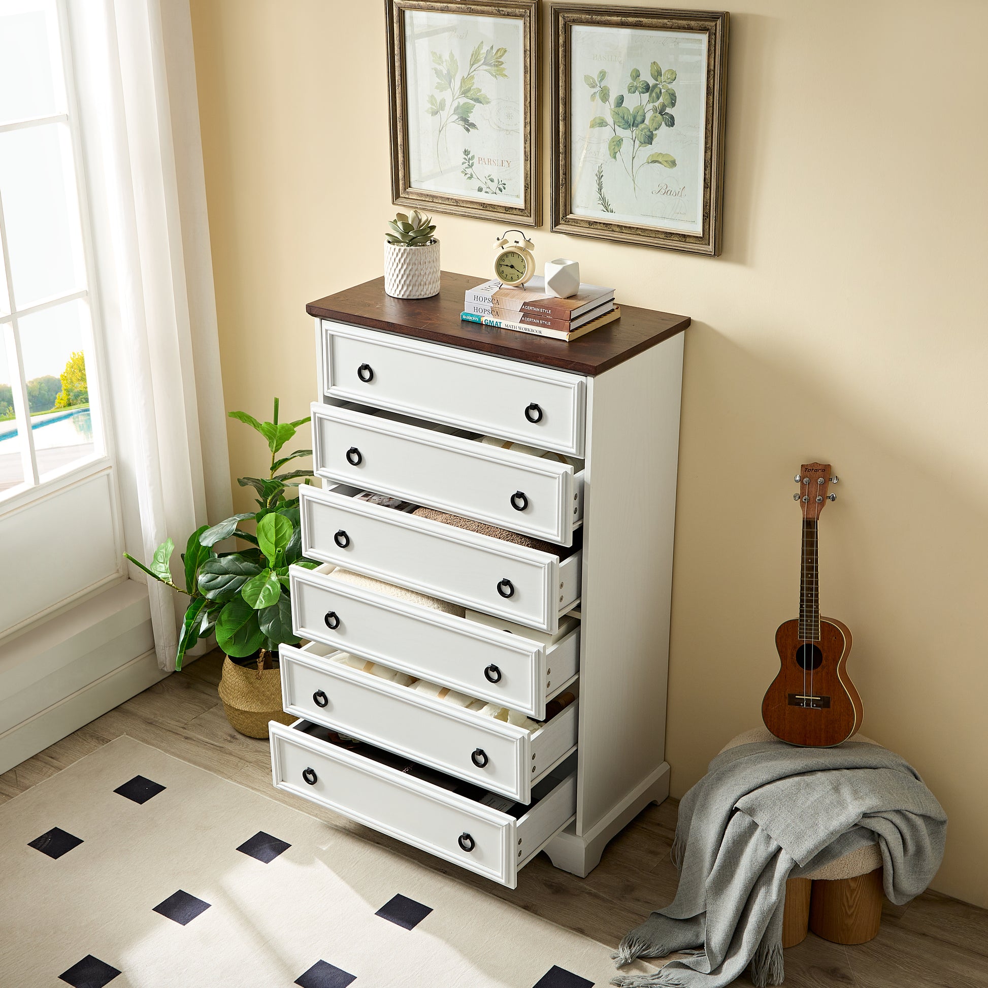 Modern 6 Drawer Dresser, Dressers For Bedroom, Tall Chest Of Drawers Closet Organizers & Storage Clothes Easy Pull Handle, Textured Borders Living Room, Hallway,L 29.53''*W15.75''*H48.03''White White Mdf