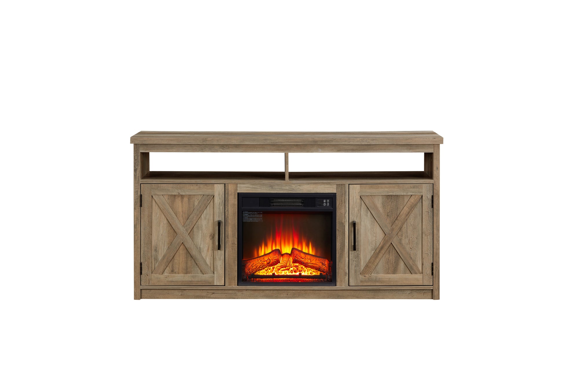 Farmhouse Tv Media Stand, Large Barn Inspired Home Entertainment Console, With 18" Fireplace Insert, For Tv Up To 65'', With Open Shelves And Closed Cabinets, Gray Wash 57.87*15.75*30.31 Gray Wash 50 59 Inches Mdf