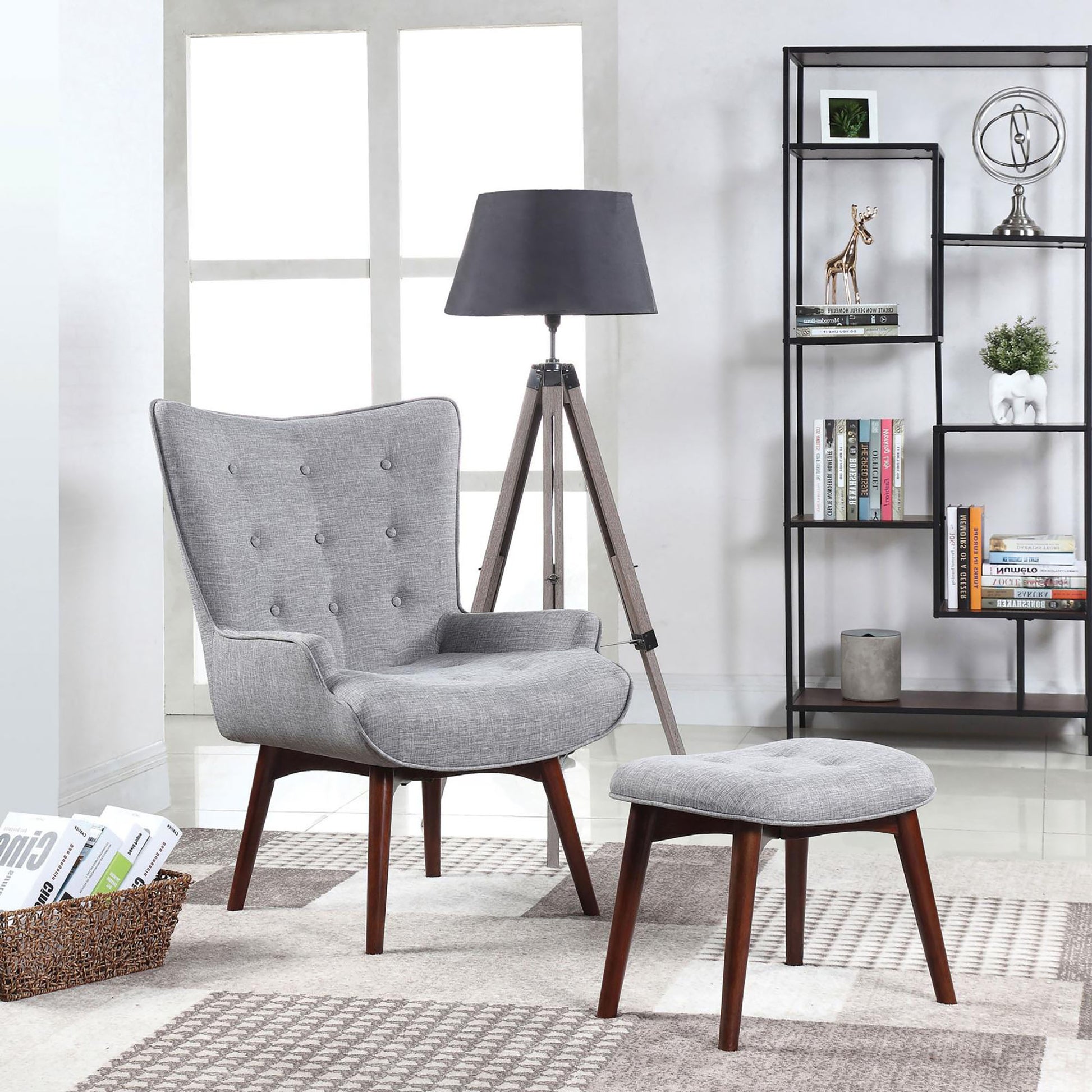 Grey And Brown Tufted Accent Chair With Ottoman Grey Brown Primary Living Space Mid Century Modern Foam Upholstered