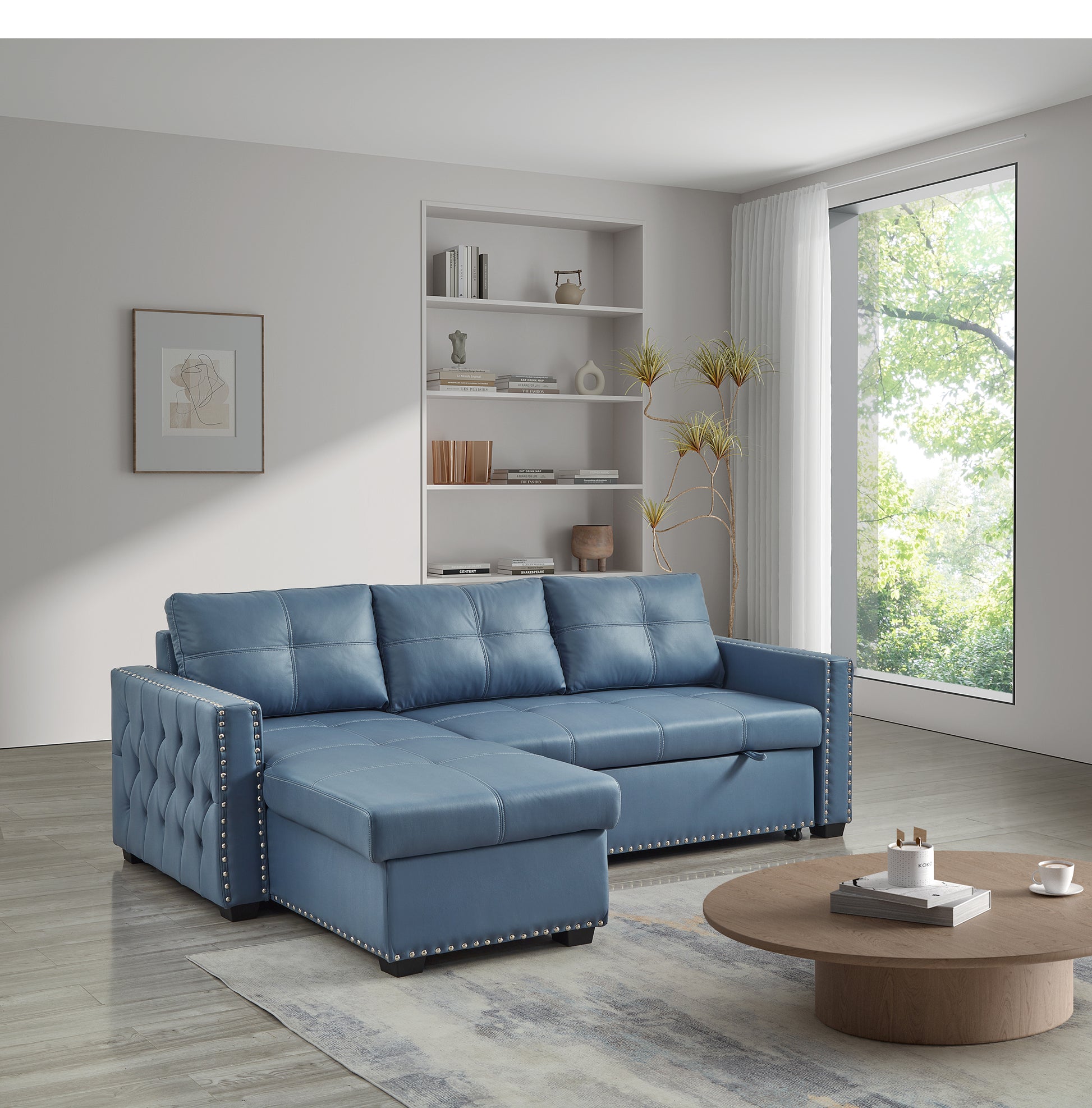 88" Convertible Pull Out Sofa Bed With Storage Chaise Sofa Bed Microfiber Fabric Upholstery Blue Blue Microfiber