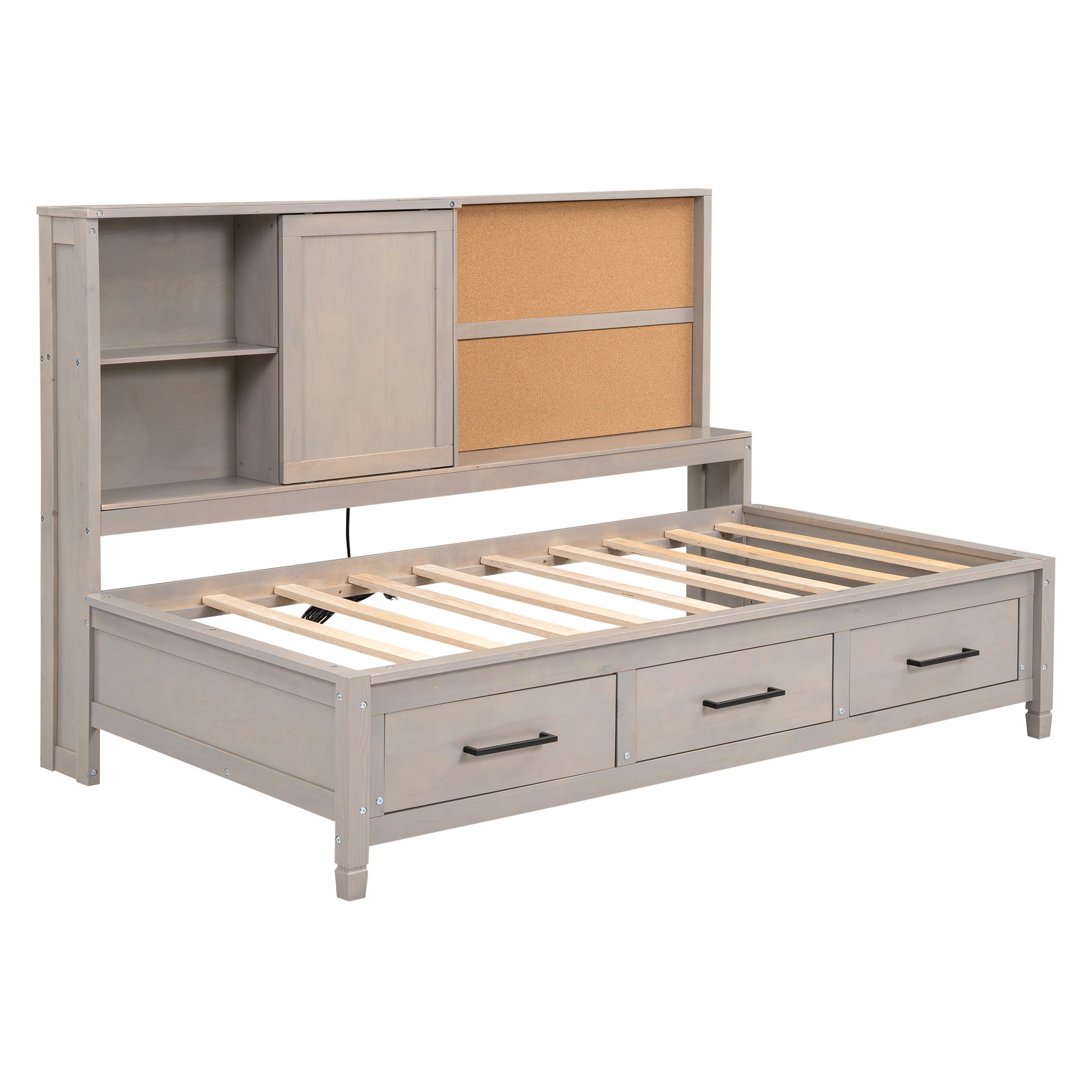 Twin Size Lounge Daybed With Storage Shelves, Cork Board, Usb Ports And 3 Drawers, Antique Gray Box Spring Not Required Twin Antique Gray Bedroom Bed Frame Solid Wood Mdf