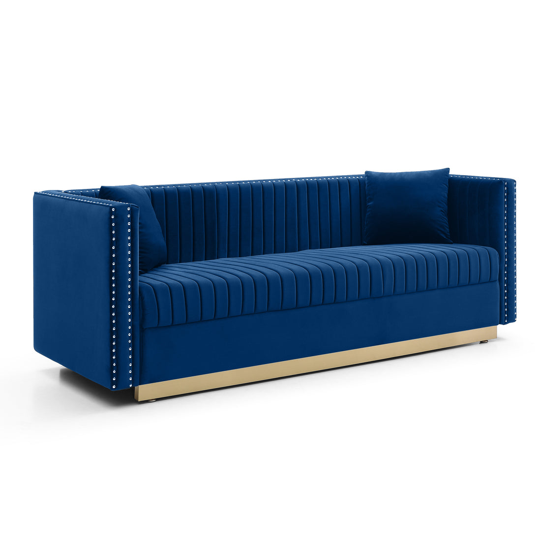 Contemporary Vertical Channel Tufted Velvet Sofa Modern Upholstered Couch For Living Room Apartment With 2 Pillows,Blue Blue Foam Velvet