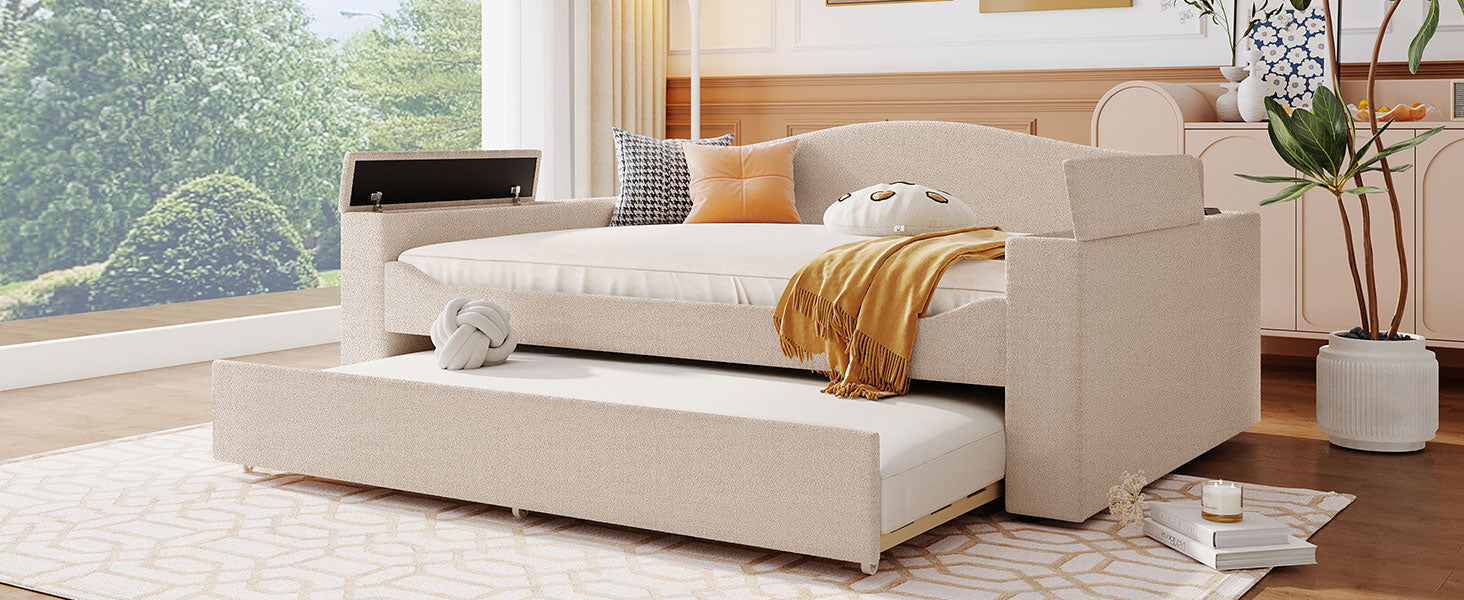 Full Size Upholstered Daybed With Storage Armrests, Trundle And Latest Integrated Bluetooth Audio System, Teddy Fleece, Beige Beige Fleece