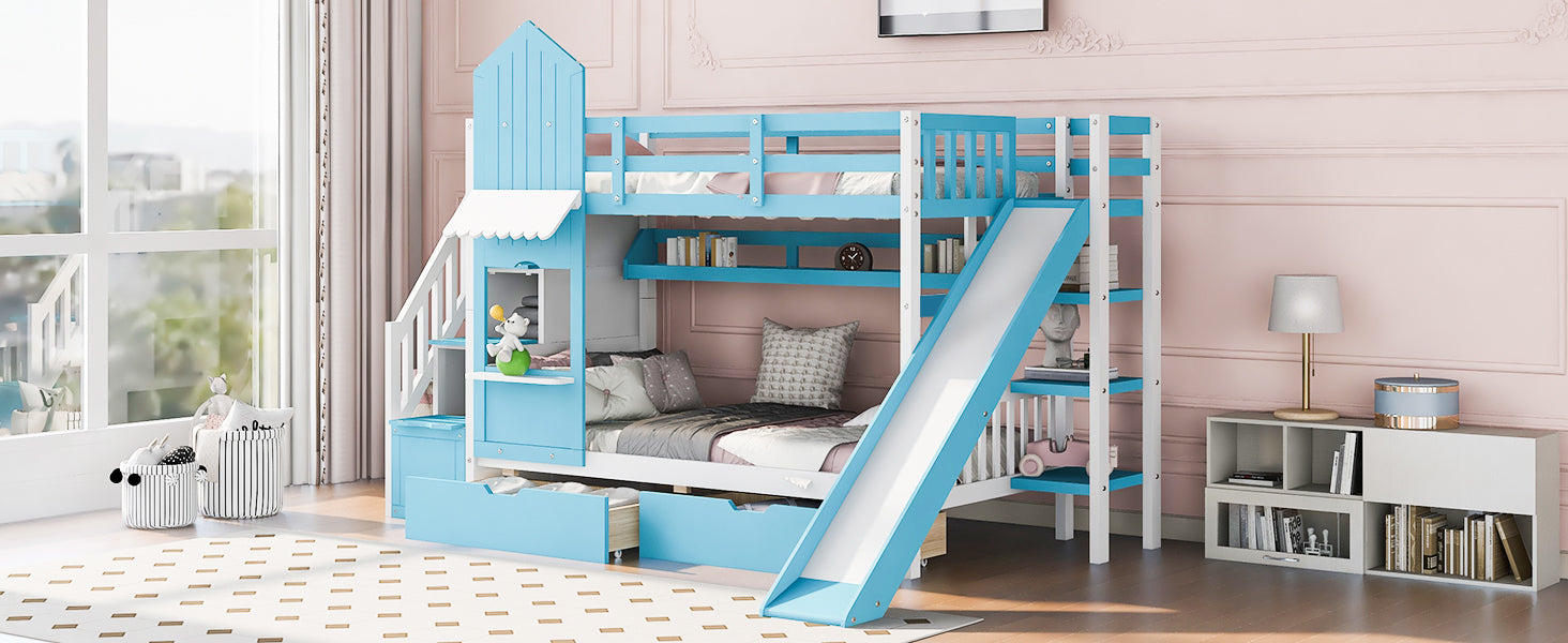 Twin Over Twin Castle Style Bunk Bed With 2 Drawers 3 Shelves And Slide Blue Blue Solid Wood