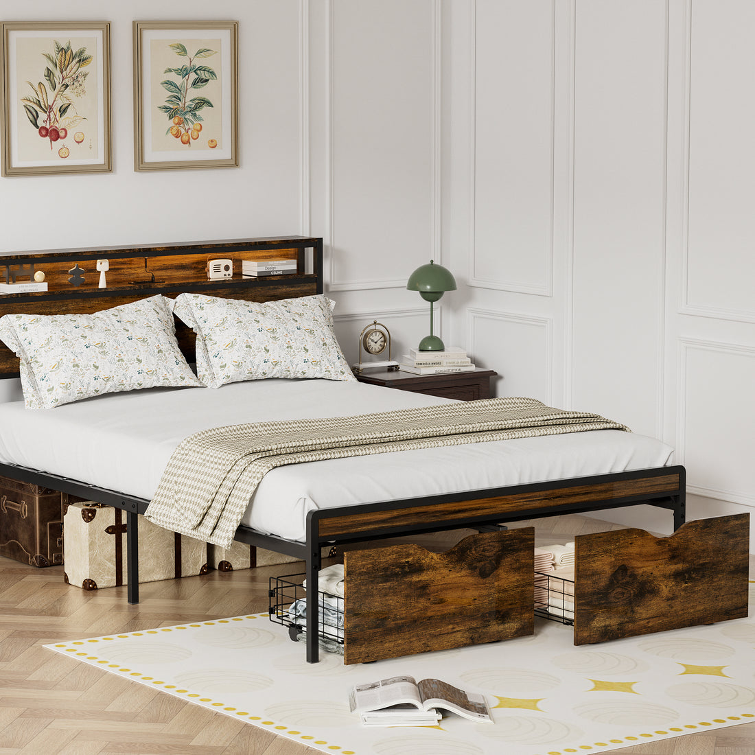 Queen Size Bed Frame With Storage Headboard And 2 Drawers, Led Lights Bed With Charging Station, Metal Platform Bed No Noise, Mattress Foundation Strong Metal Slats Support No Box Spring Needed Box Spring Not Required Queen Antique Brown Iron Brown