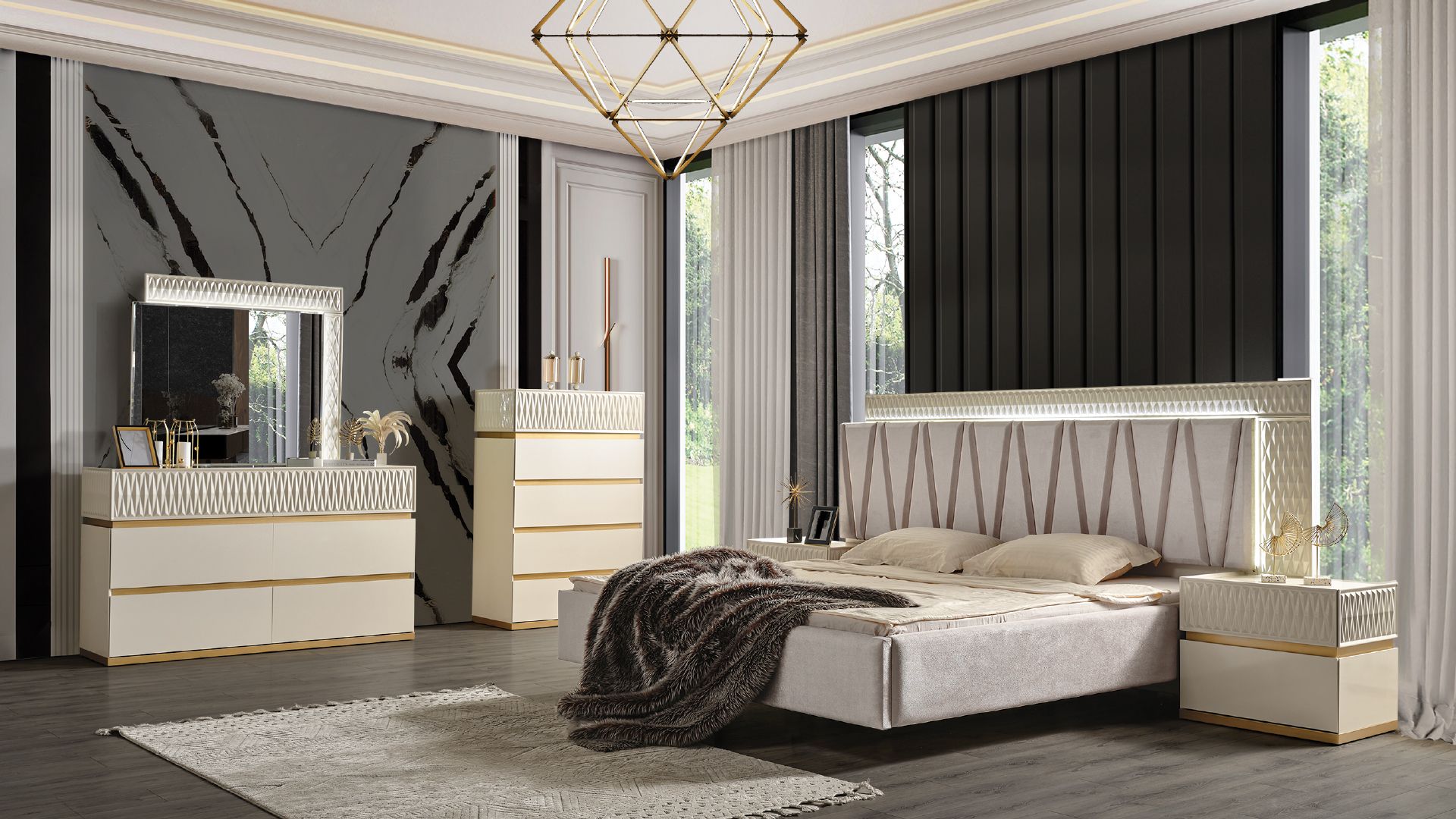 Delfano Modern Style Queen Bed Made With Wood In Beige Box Spring Not Required Queen Beige Wood Bedroom Contemporary,Modern Bed Frame Solid Wood Mdf Velvet Wood