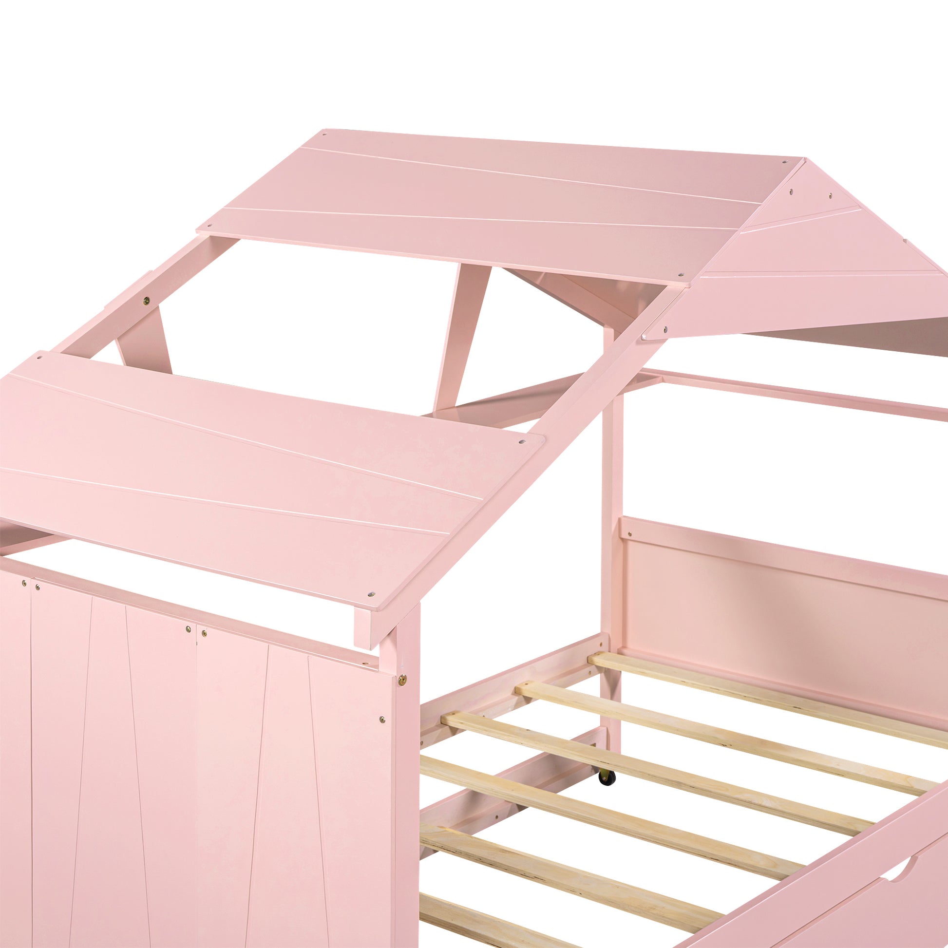 Wood Twin Size House Bed With Trundle And Storage, Pink Box Spring Not Required Twin Pink Wood Bedroom Bed Frame Solid Wood Mdf