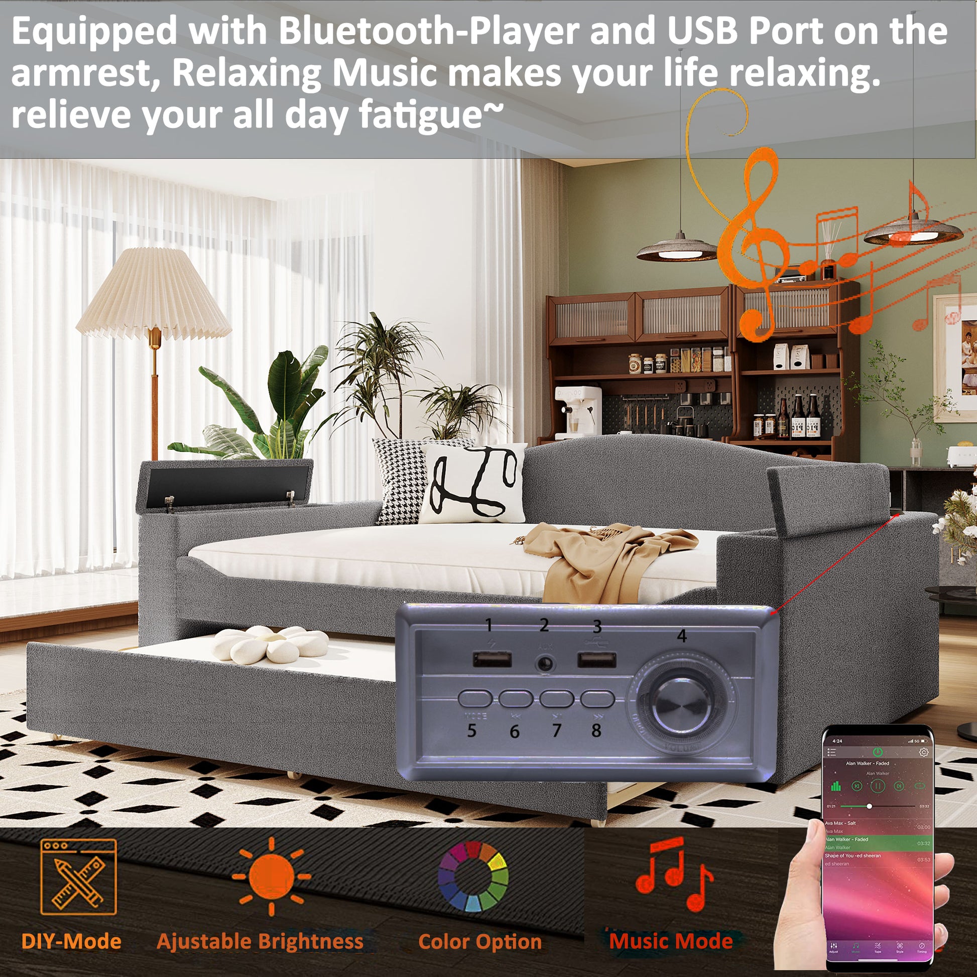 Full Size Upholstered Daybed With Storage Armrests, Trundle And Latest Integrated Bluetooth Audio System, Teddy Fleece, Gray Gray Fleece