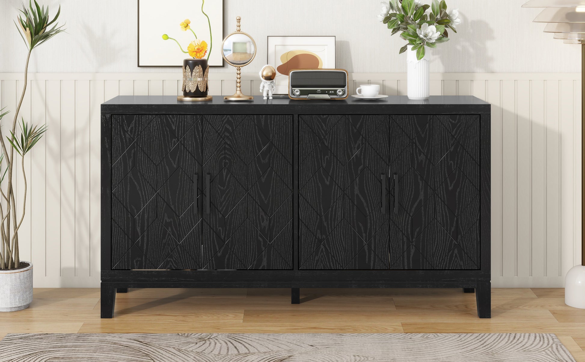 4 Door Retro Sideboard With Adjustable Shelves, Two Large Cabinet With Long Handle, For Living Room And Dining Room Black Black Mdf