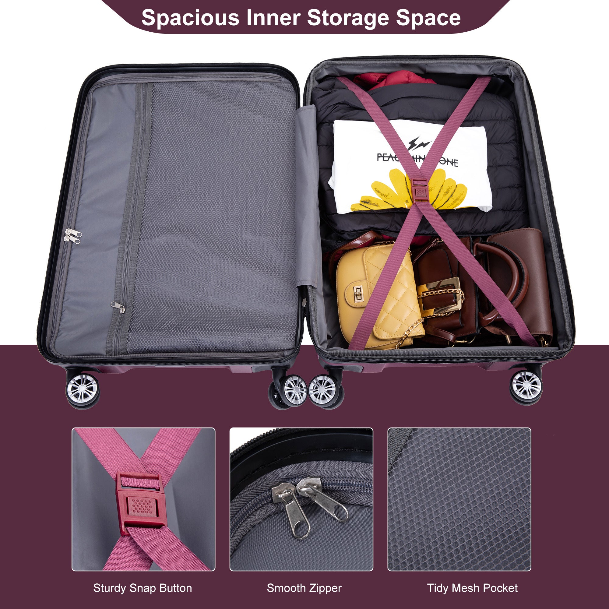 3 Piece Luggage Sets PC Lightweight & Durable wine red-pc