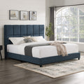King Size Navy Blue Denim Squares Upholstered Platform Bed Box Spring Required King Blue Wood Bedroom Contemporary,Modern,Transitional Panel Polyester Fabric