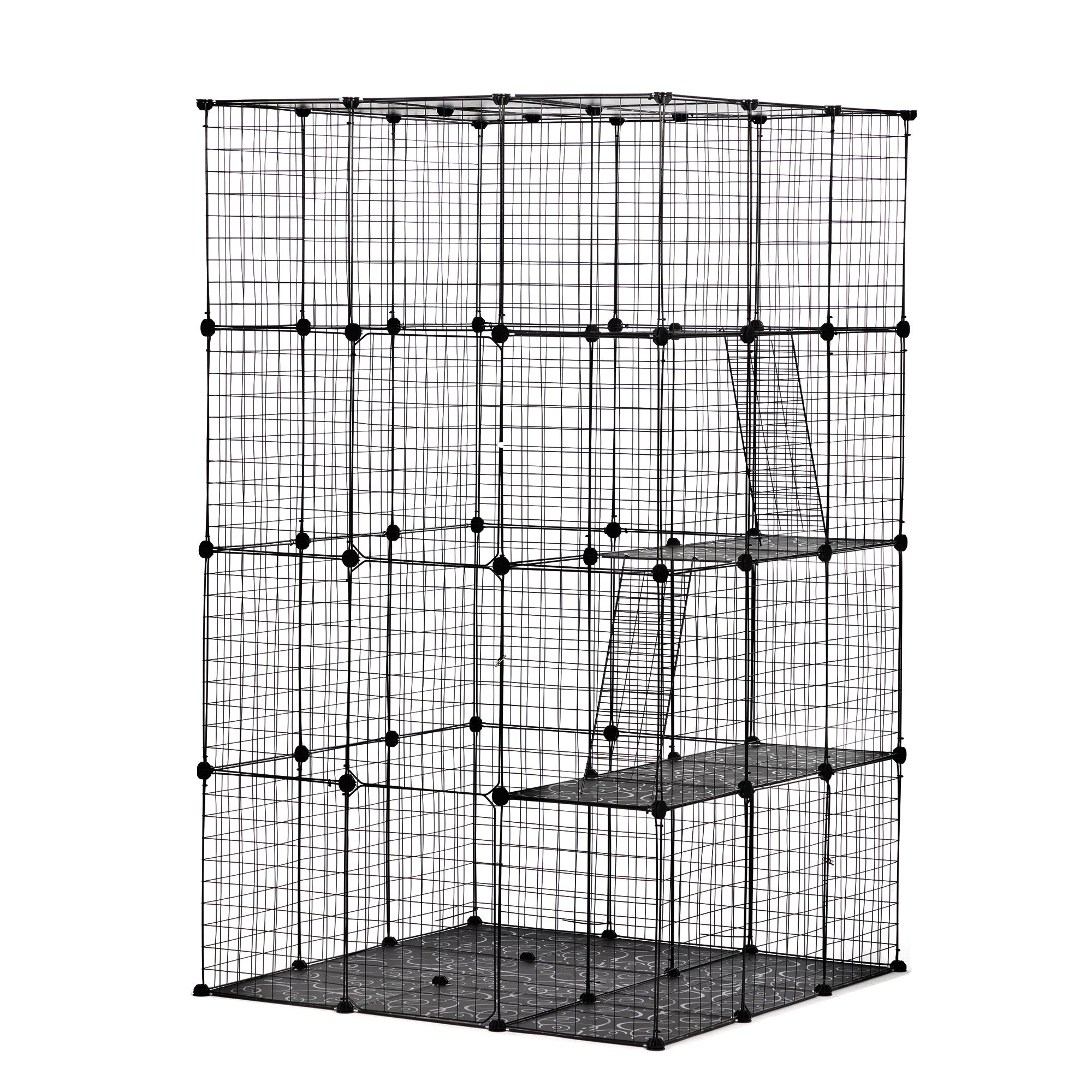 3 Tier Wire Cat Cage, Large Kennels Playpen With 3 Platforms, 3 Ramp Ladders And 4 Doors, Black Black Metal