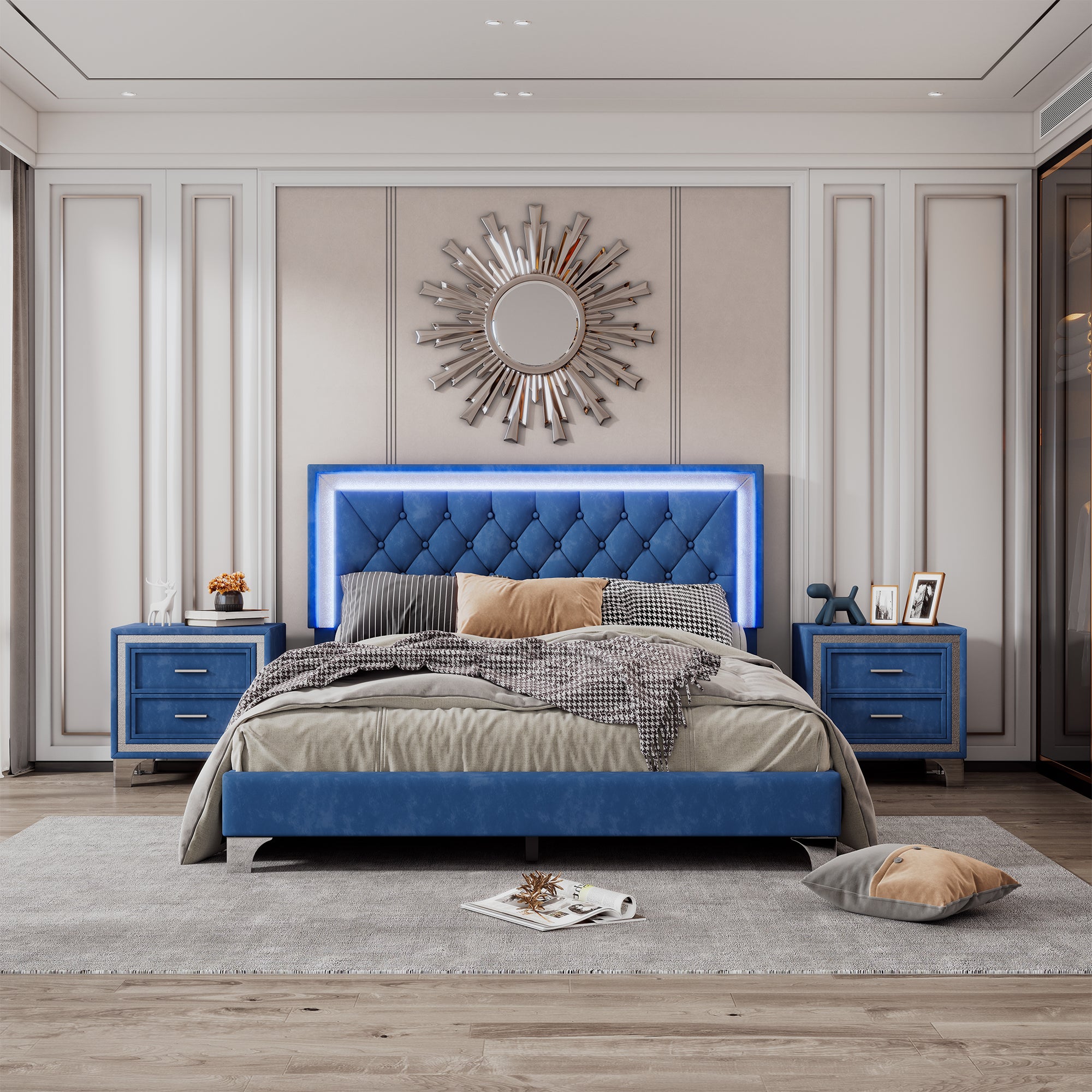 3 Pieces Bedroom Sets,Queen Size Upholstered Platform Bed With Led Lights And Two Nightstands Blue Blue Velvet