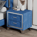 Mid Century Vintage Nightstand With Metal Legs For Bedroom, Velvet Bedside Table With 2 Drawers, Fully Assembled Except Legs And Handles, Blue Blue Velvet