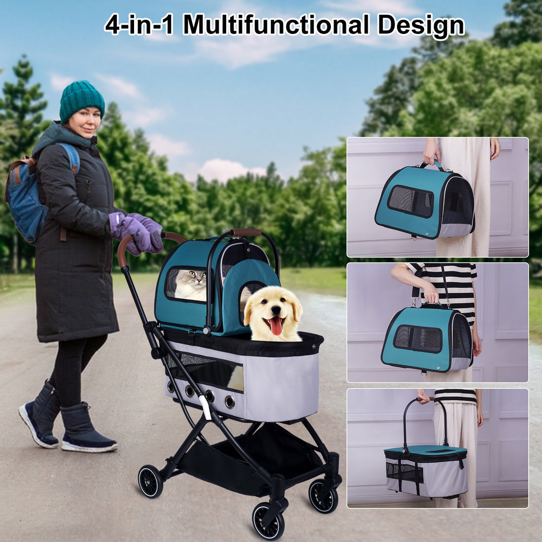 Automatic Folding Double Decker Pet Trolley, Separate Pet Trolley Lightweight Small And Medium Dog Cat Dog Trolley Dark Green Oxford Fabric