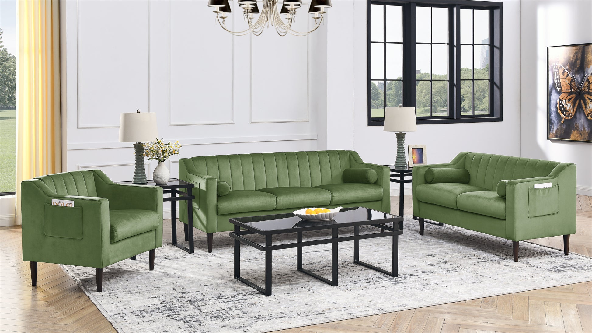 Mid Century Modern Chesterfieldseat Couch, Comfortable Upholstered Sofa With Velvet Fabric And Wooden Frame And Wood Legs For Living Room Bed Room Office Green 2 Seats Green Brown Wood Soft Velvet 2 Seat